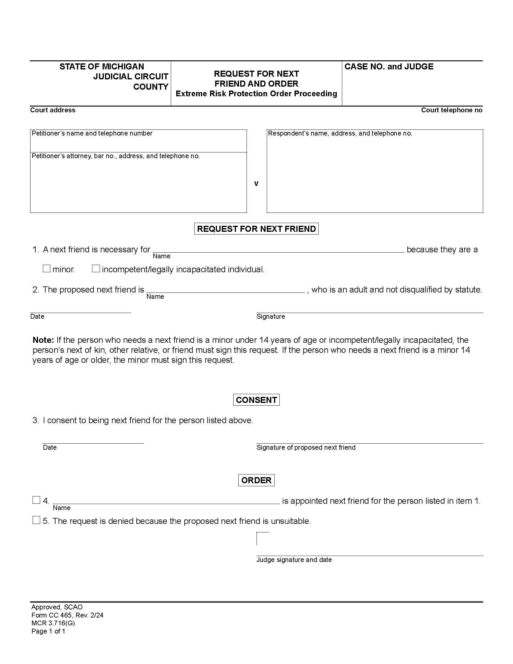 Request For Next Friend And Order {CC 465} | Pdf Fpdf Docx | Michigan