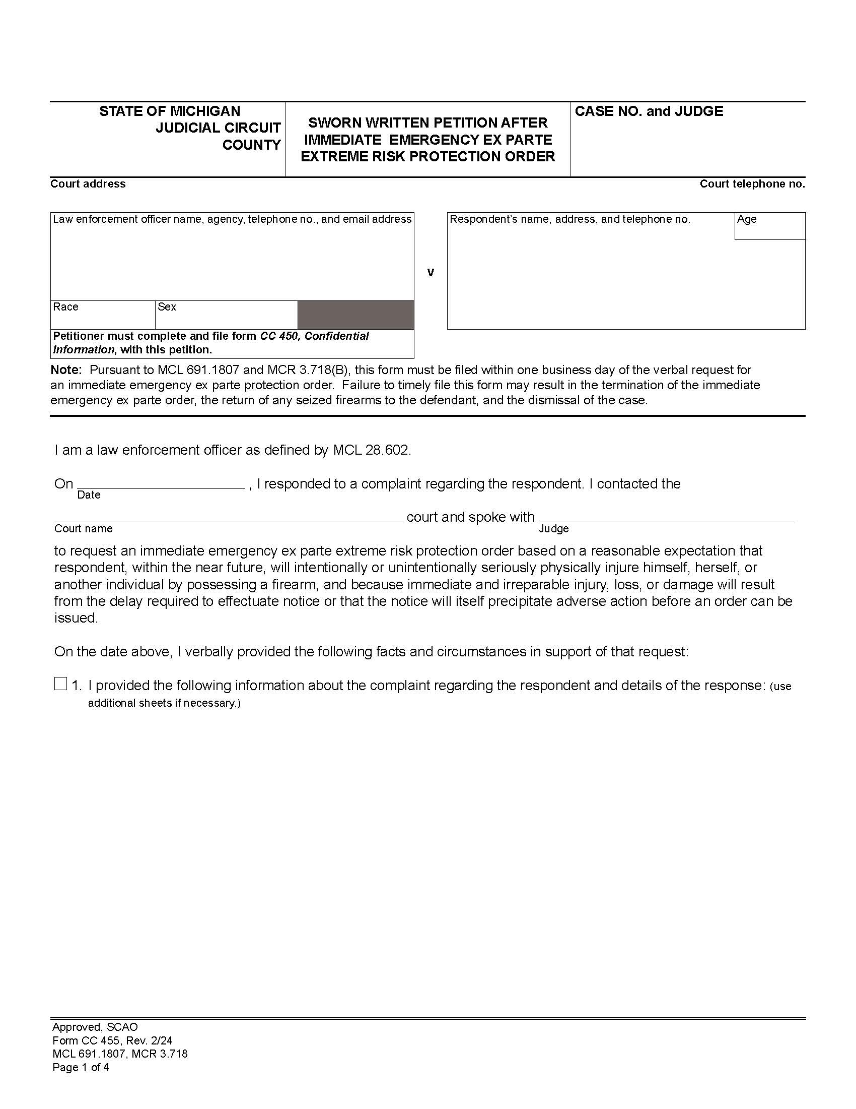 Sworn Written Petition After Immediate Emergency Ex Parte {CC 455} | Pdf Fpdf Docx | Michigan
