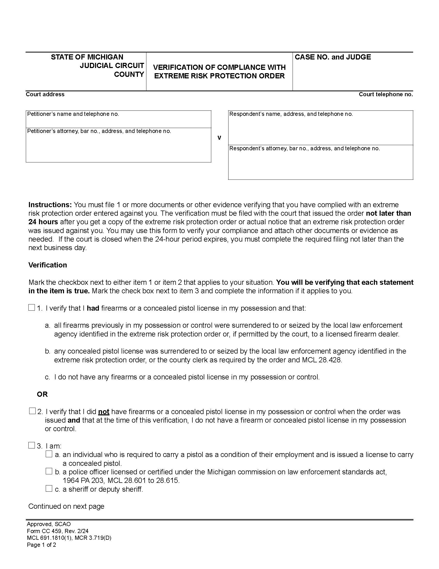 Verification Of Compliance With Extreme Risk Protection Order {CC 459} | Pdf Fpdf Docx | Michigan