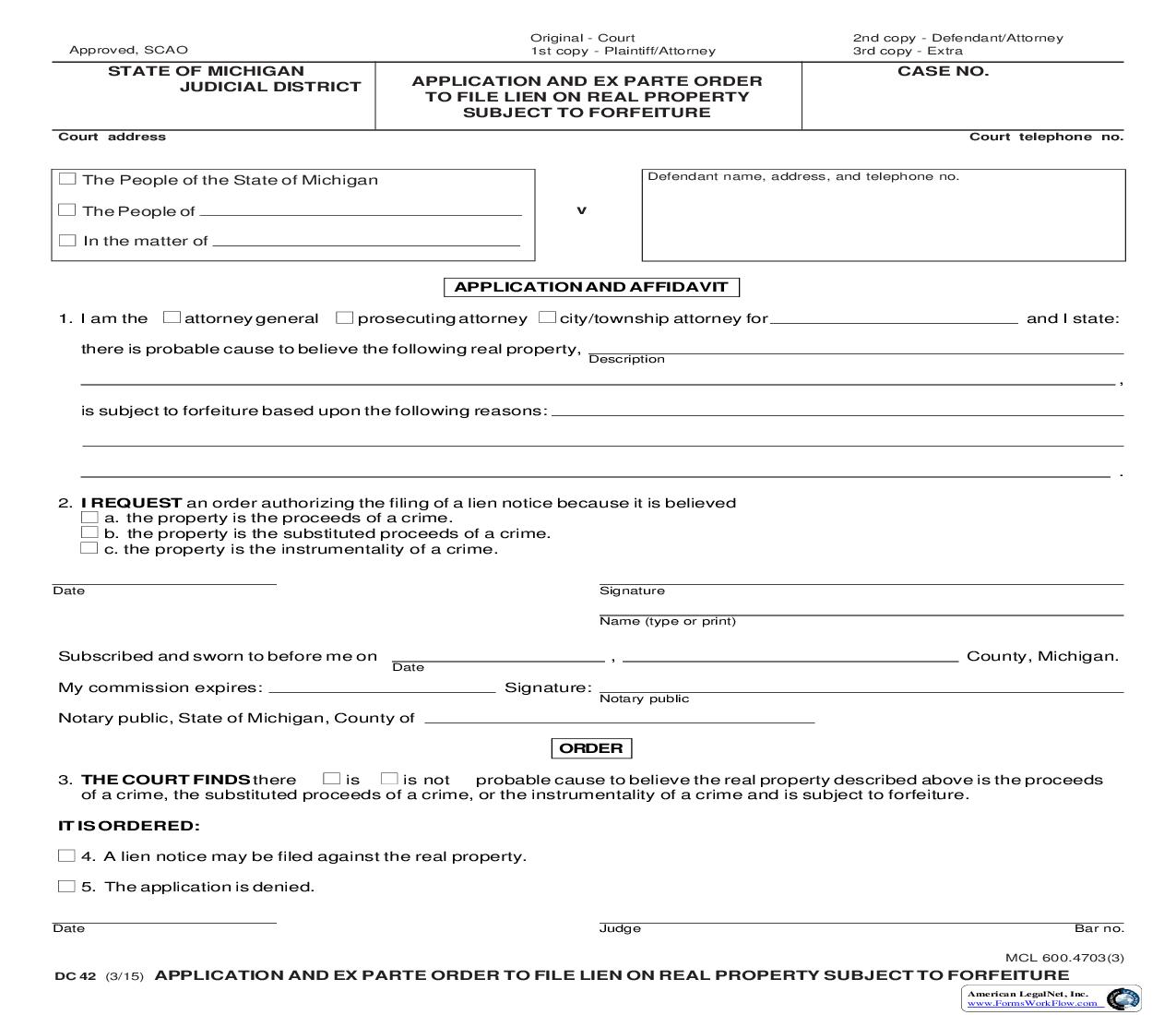 Application And Ex Parte Order To File Lien On Real Property Subject To Forfeiture {DC 42} | Pdf Fpdf Doc Docx | Michigan
