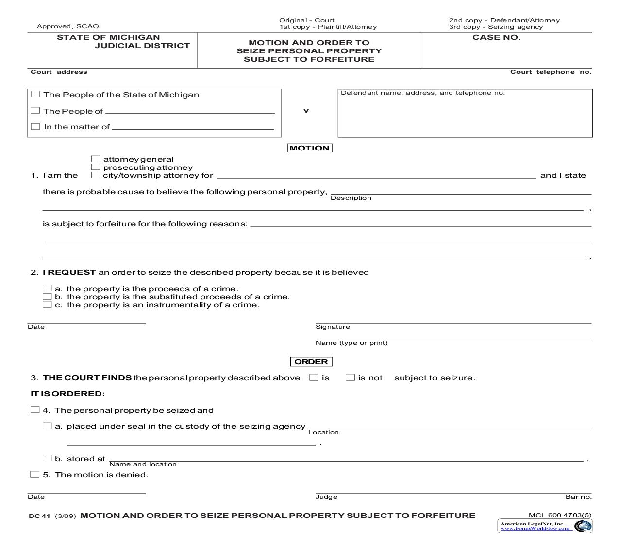 Motion And Order To Seize Personal Property Subject To Forfeiture {DC 41} | Pdf Fpdf Doc Docx | Michigan