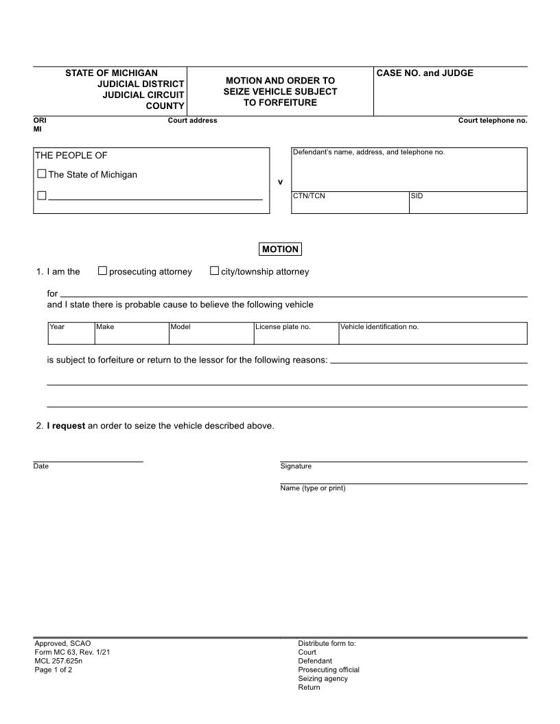 Motion And Order To Seize Vehicle Subject To Forfeiture {MC 63} | Pdf Fpdf Doc Docx | Michigan