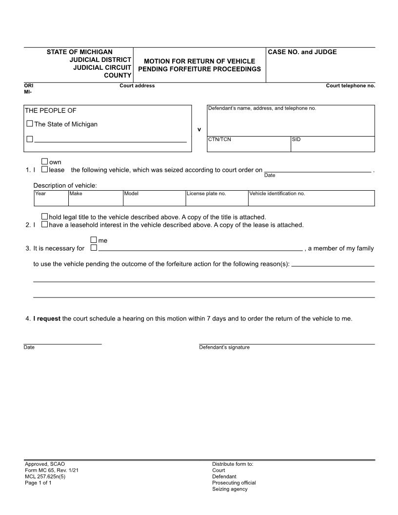 Motion For Return Of Vehicle Pending Forfeiture Proceedings {MC 65} | Pdf Fpdf Doc Docx | Michigan