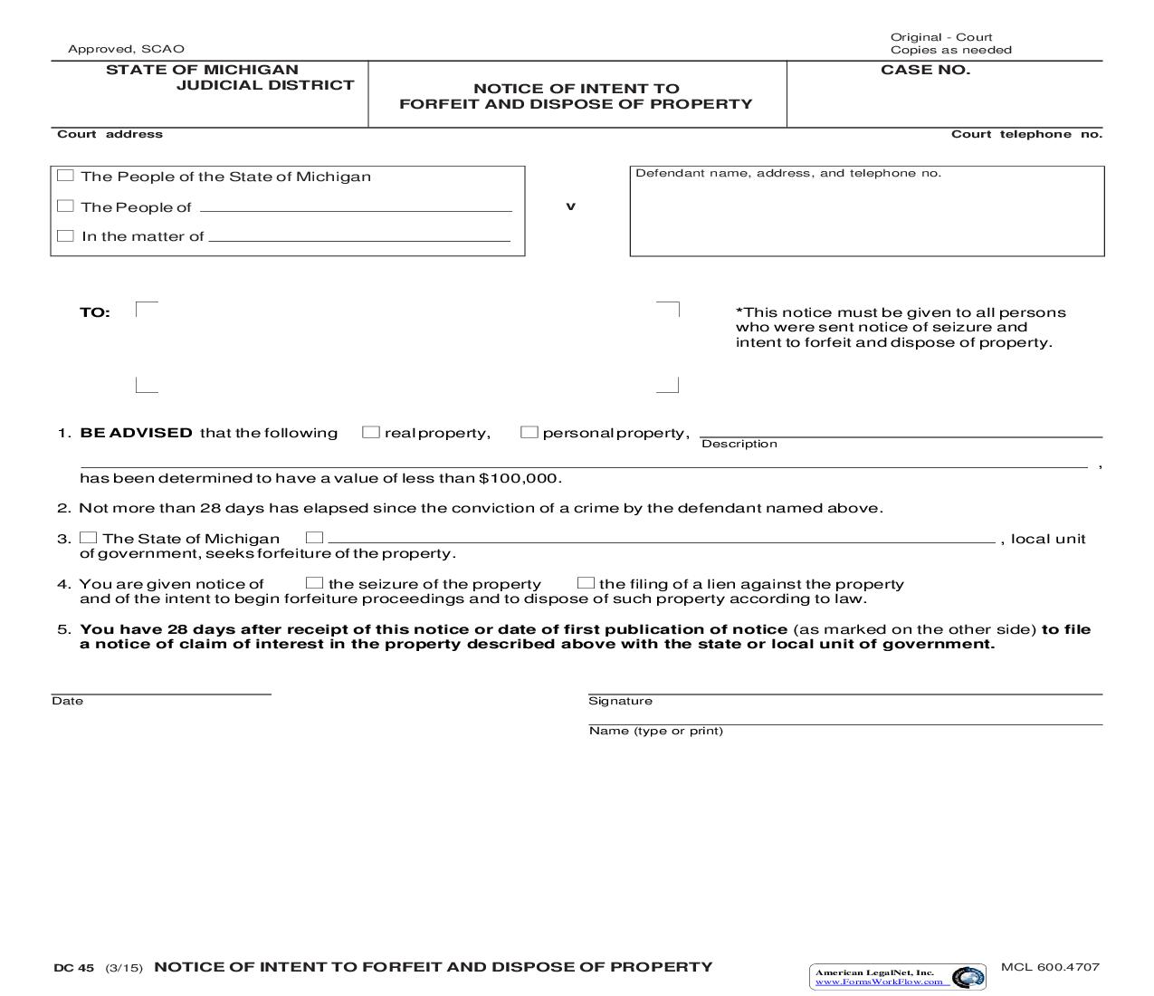 Notice Of Intent To Forfeit And Dispose Of Property {DC 45} | Pdf Fpdf Doc Docx | Michigan