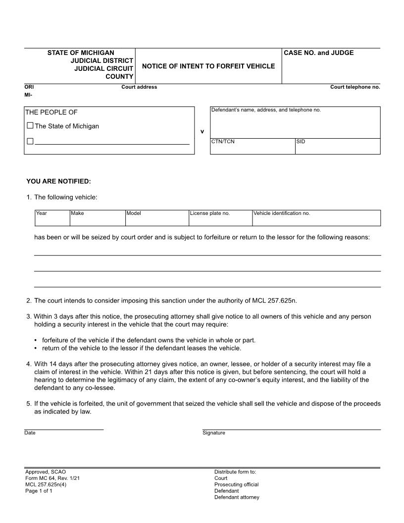 Notice Of Intent To Forfeit Vehicle {MC 64} | Pdf Fpdf Doc Docx | Michigan