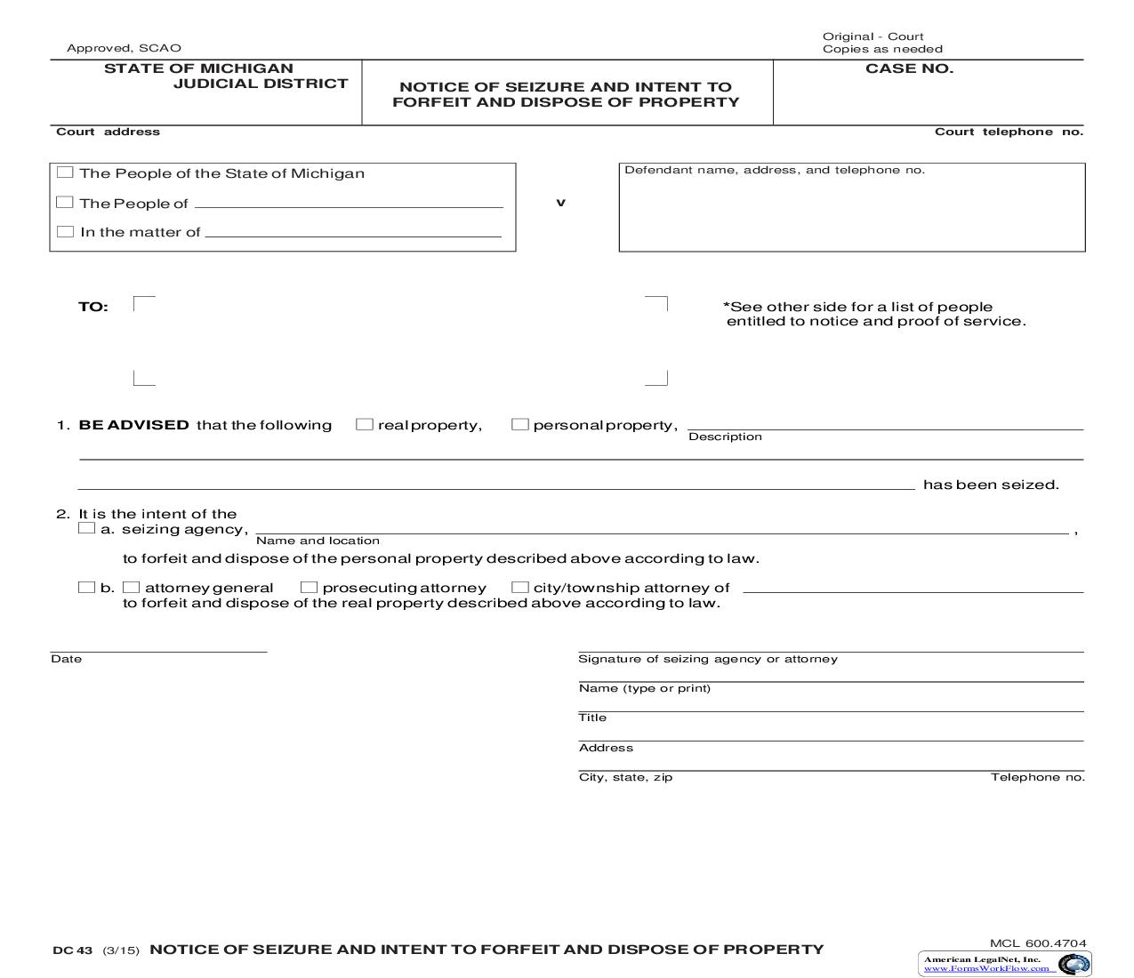 Notice Of Seizure And Intent To Forfeit And Dispose Of Property {DC 43} | Pdf Fpdf Doc Docx | Michigan