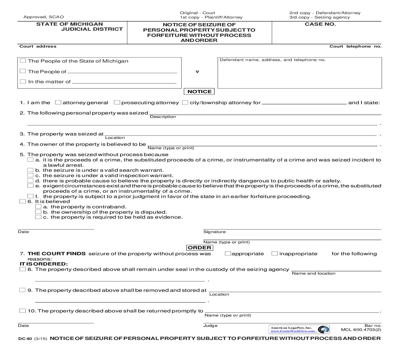 Notice Of Seizure Of Personal Property Subject To Forfeiture Without Process And Order {DC 40} | Pdf Fpdf Doc Docx | Michigan