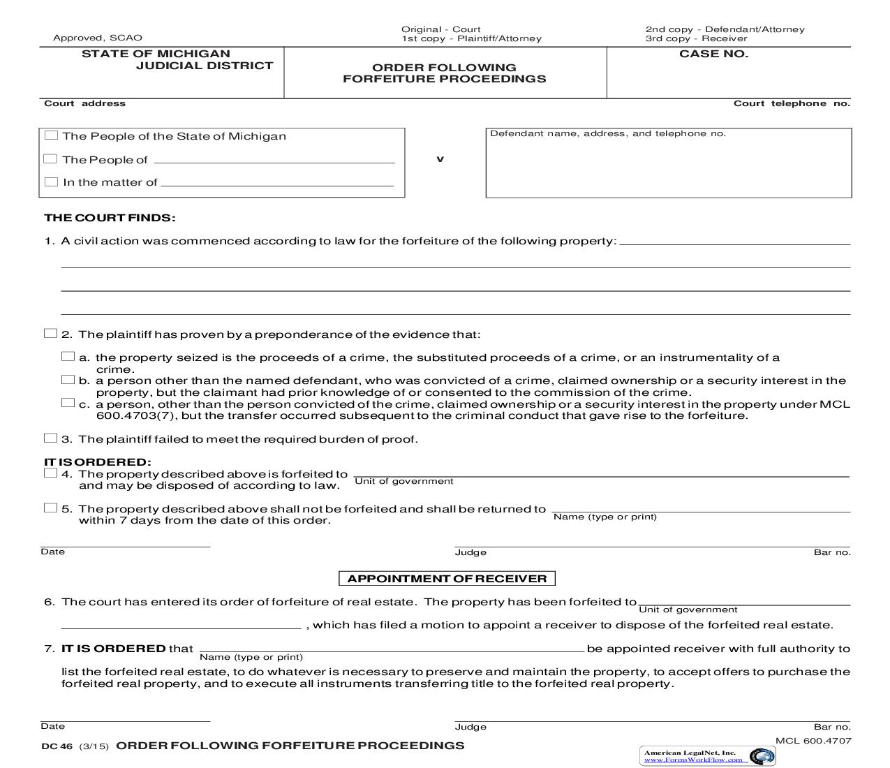Order Following Forfeiture Proceedings {DC 46} | Pdf Fpdf Doc Docx | Michigan