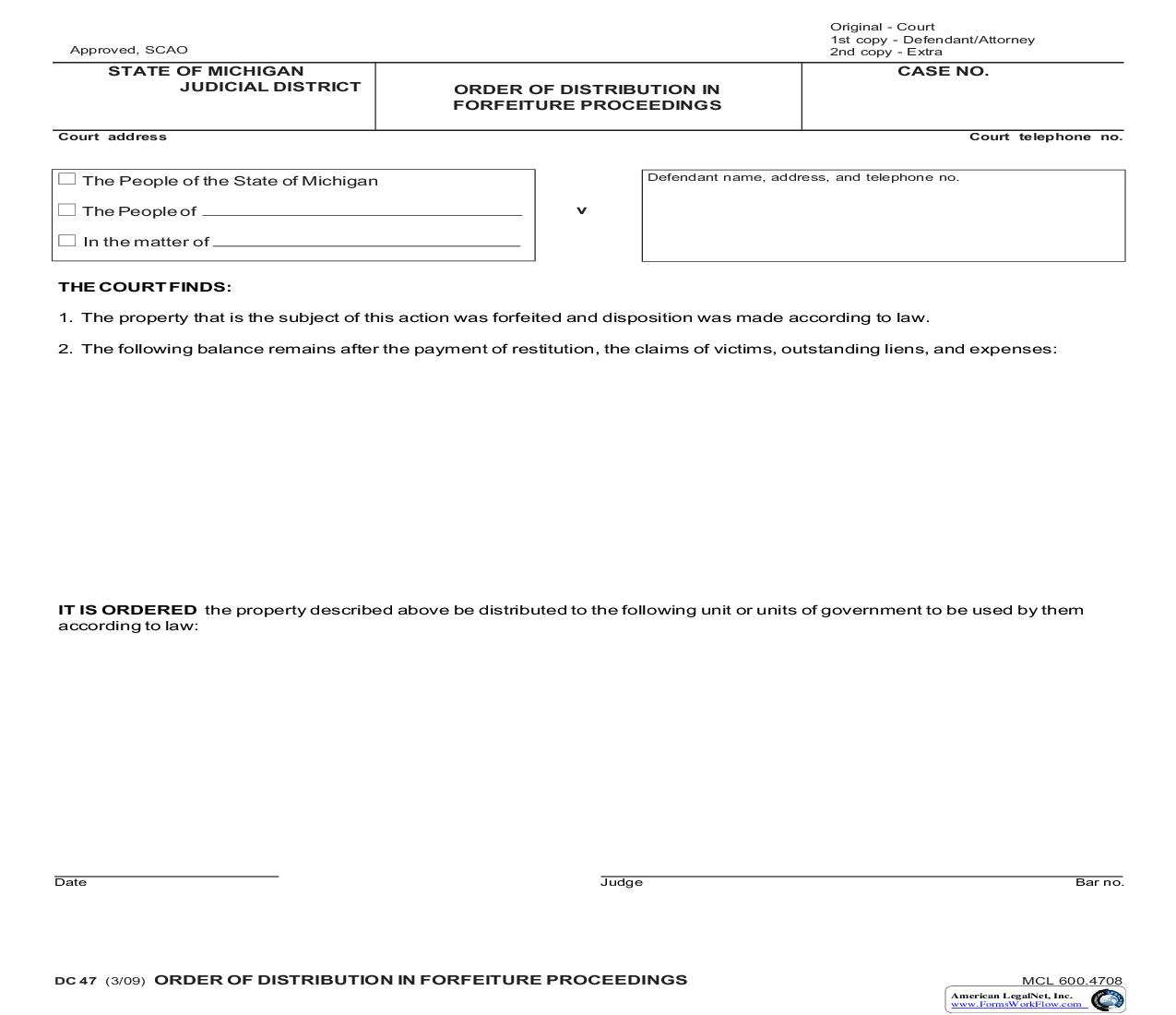 Order Of Distribution In Forfeiture Proceedings {DC 47} | Pdf Fpdf Doc Docx | Michigan