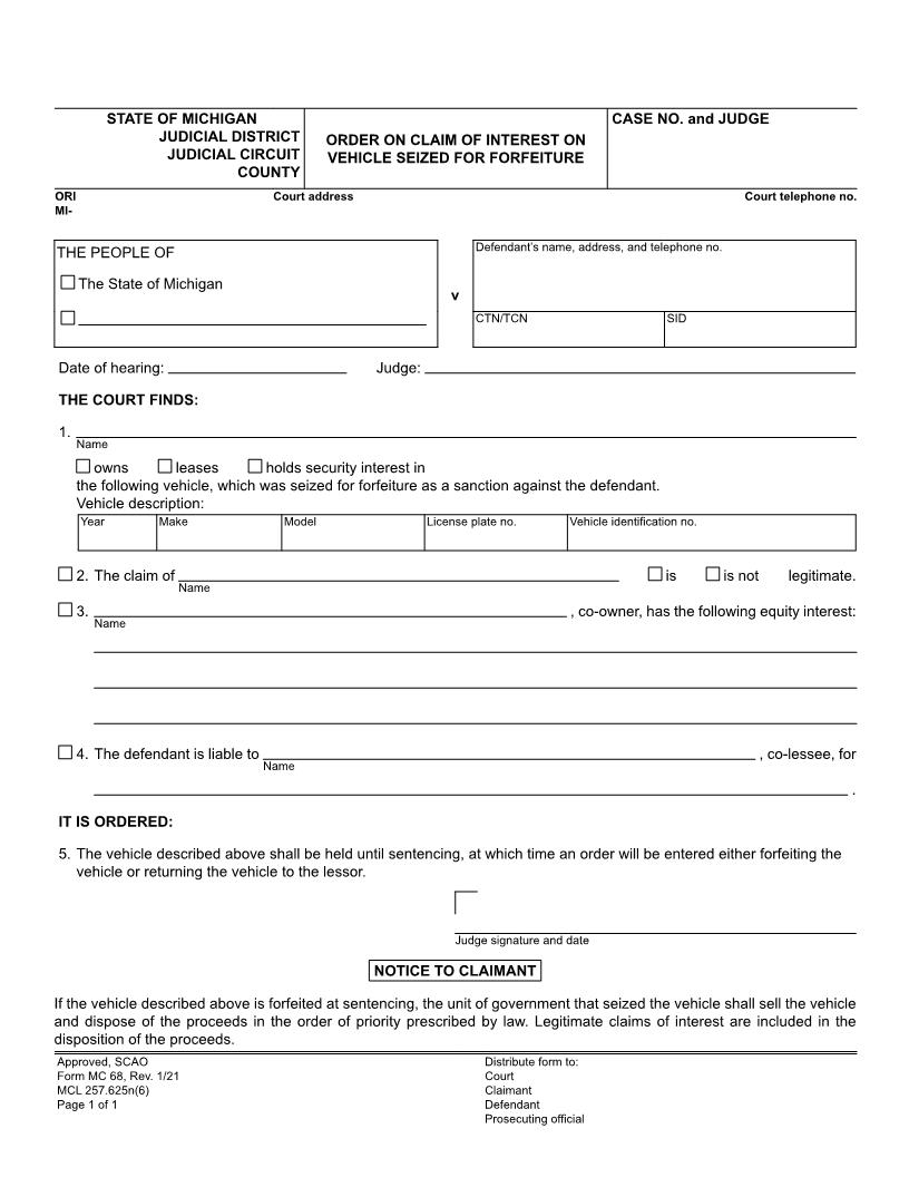 Order On Claim Of Interest On Vehicle Seized For Forfeiture {MC 68} | Pdf Fpdf Doc Docx | Michigan