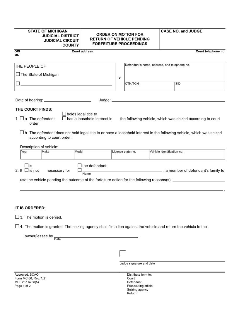 Order On Motion For Return Of Vehicle Pending Forfeiture Proceedings {MC 66} | Pdf Fpdf Doc Docx | Michigan