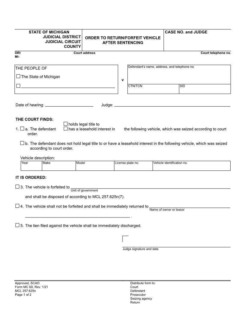 Order To Return Or Forfeit Vehicle After Sentencing {MC 69} | Pdf Fpdf Doc Docx | Michigan