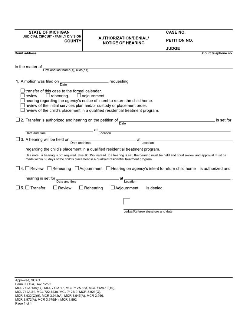 Authorization Denial Notice Of Hearing {JC 15a} | Pdf Fpdf Doc Docx | Michigan