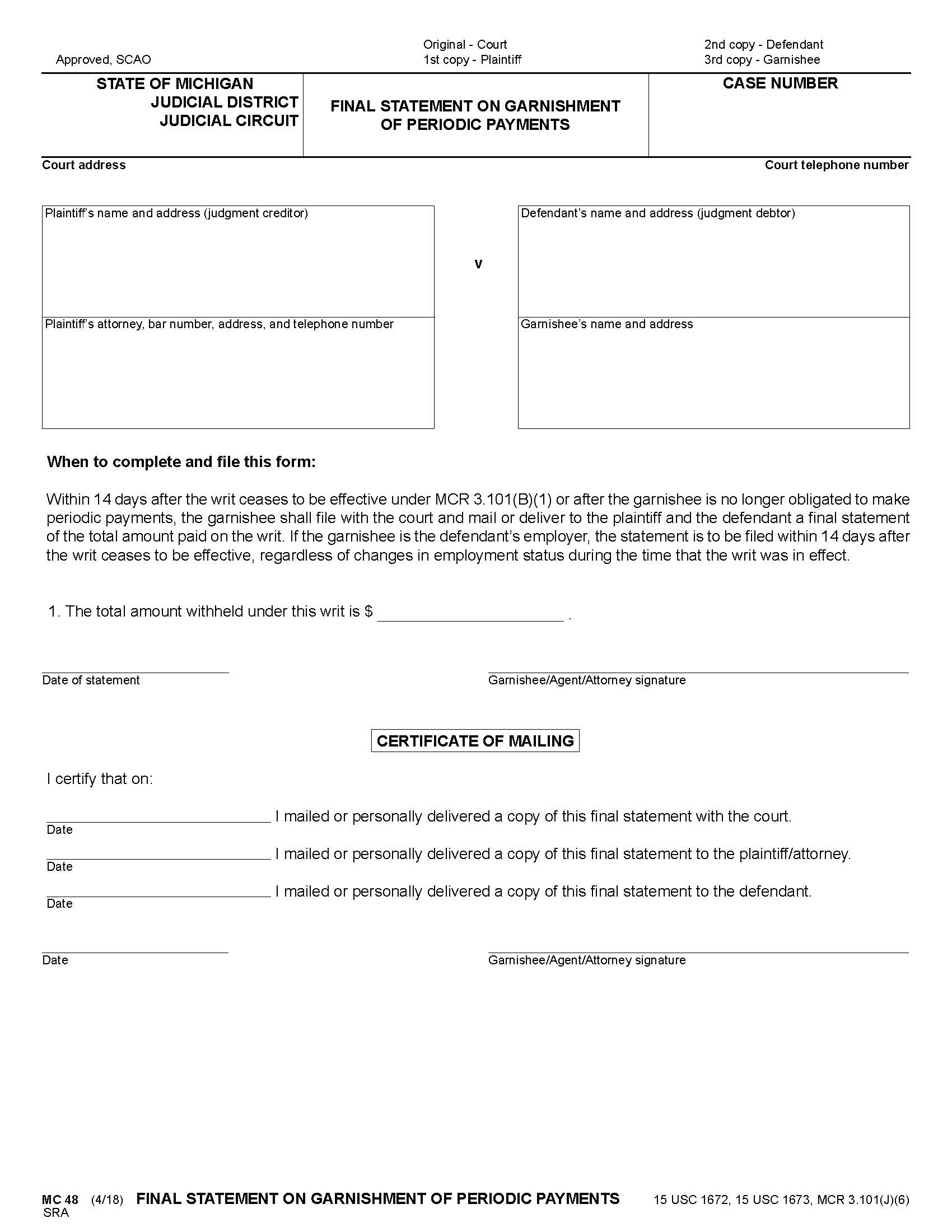 Final Statement On Garnishment Of Periodic Payments {MC 48} | Pdf Fpdf Docx | Michigan
