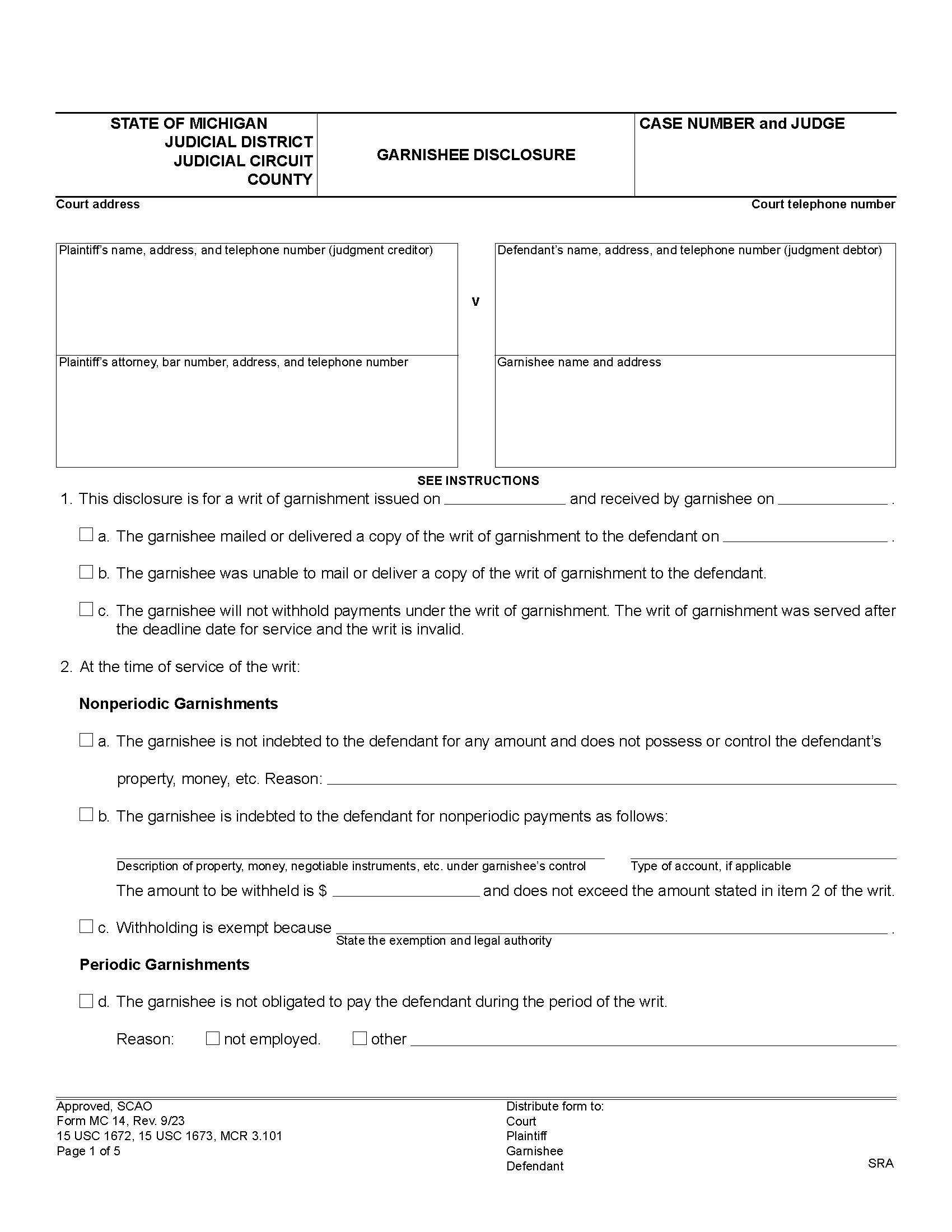 Garnishee Disclosure {MC 14} | Pdf Fpdf Docx | Michigan