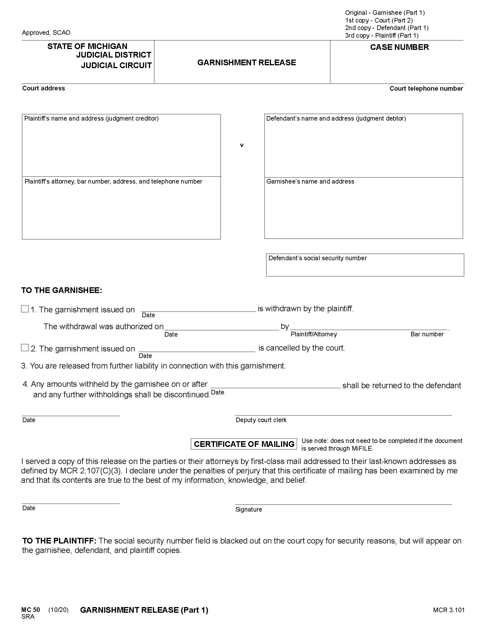 Garnishment Release {MC 50} | Pdf Fpdf Doc Docx | Michigan