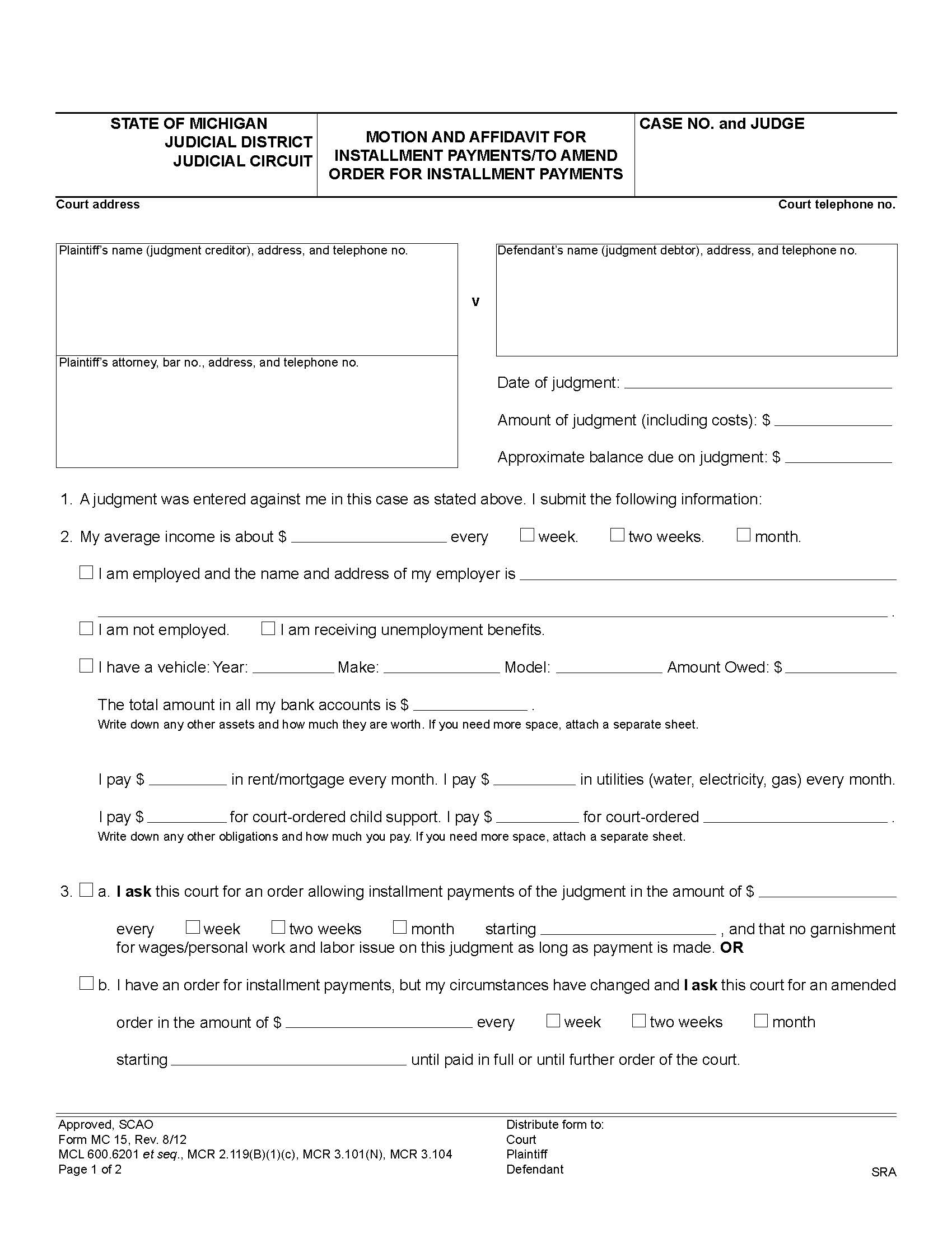 Motion And Affidavit For Installment Payments To Amend Order For Installment Payments {MC 15} | Pdf Fpdf Doc Docx | Michigan