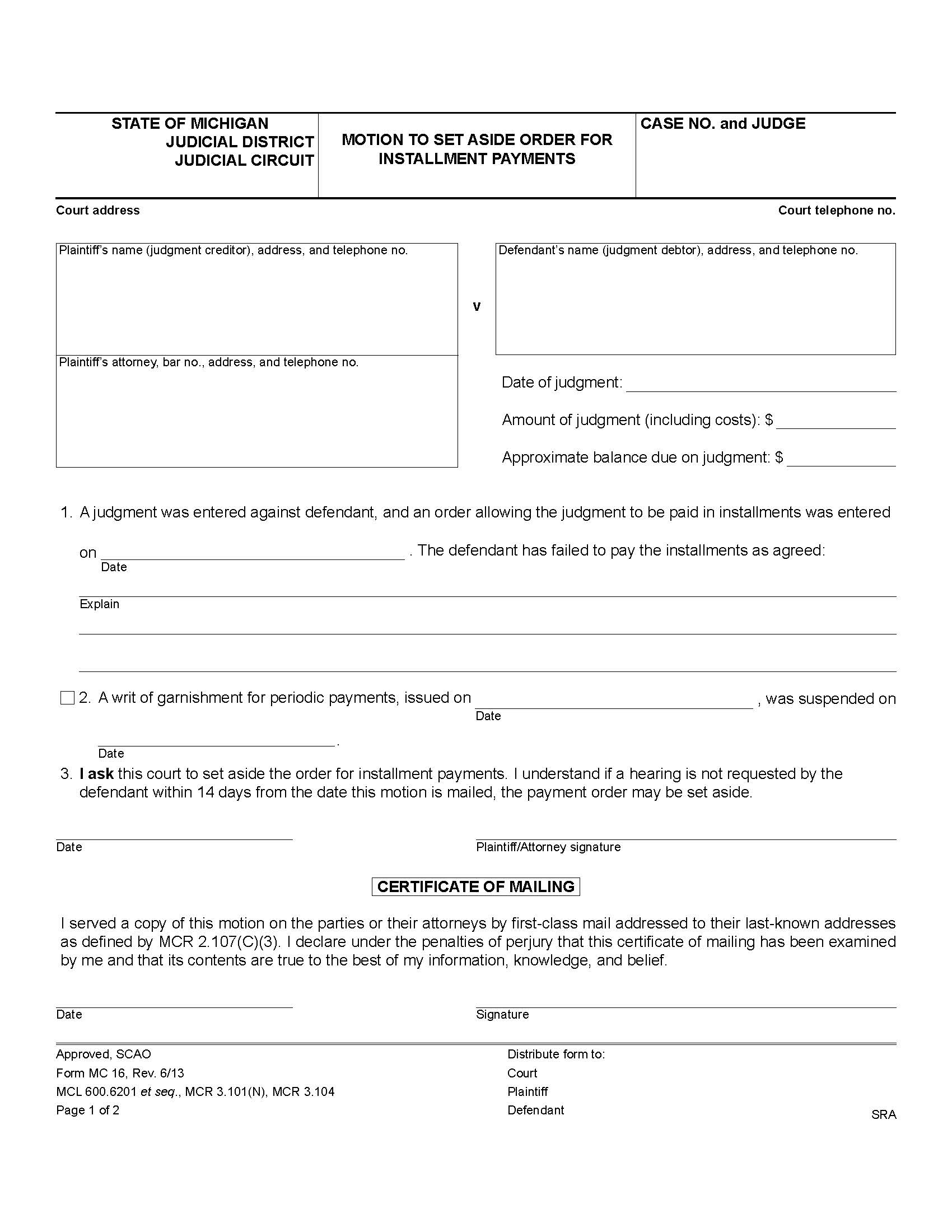 Motion To Set Aside Order For Installment Payments {MC 16} | Pdf Fpdf Doc Docx | Michigan