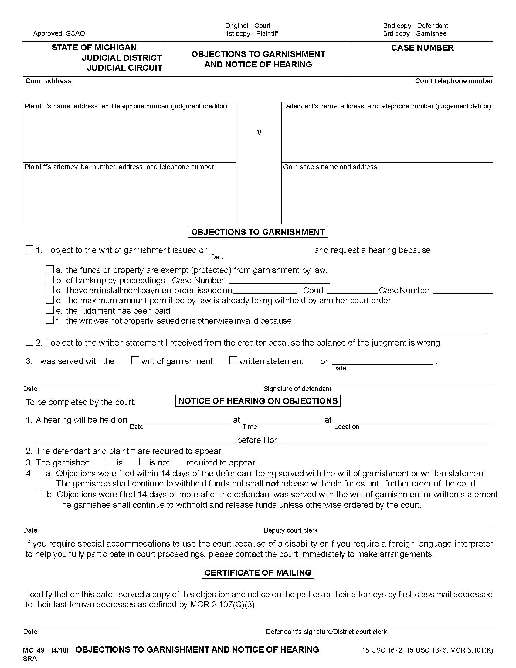 Objections To Garnishment And Notice Of Hearing {MC 49} | Pdf Fpdf Docx | Michigan