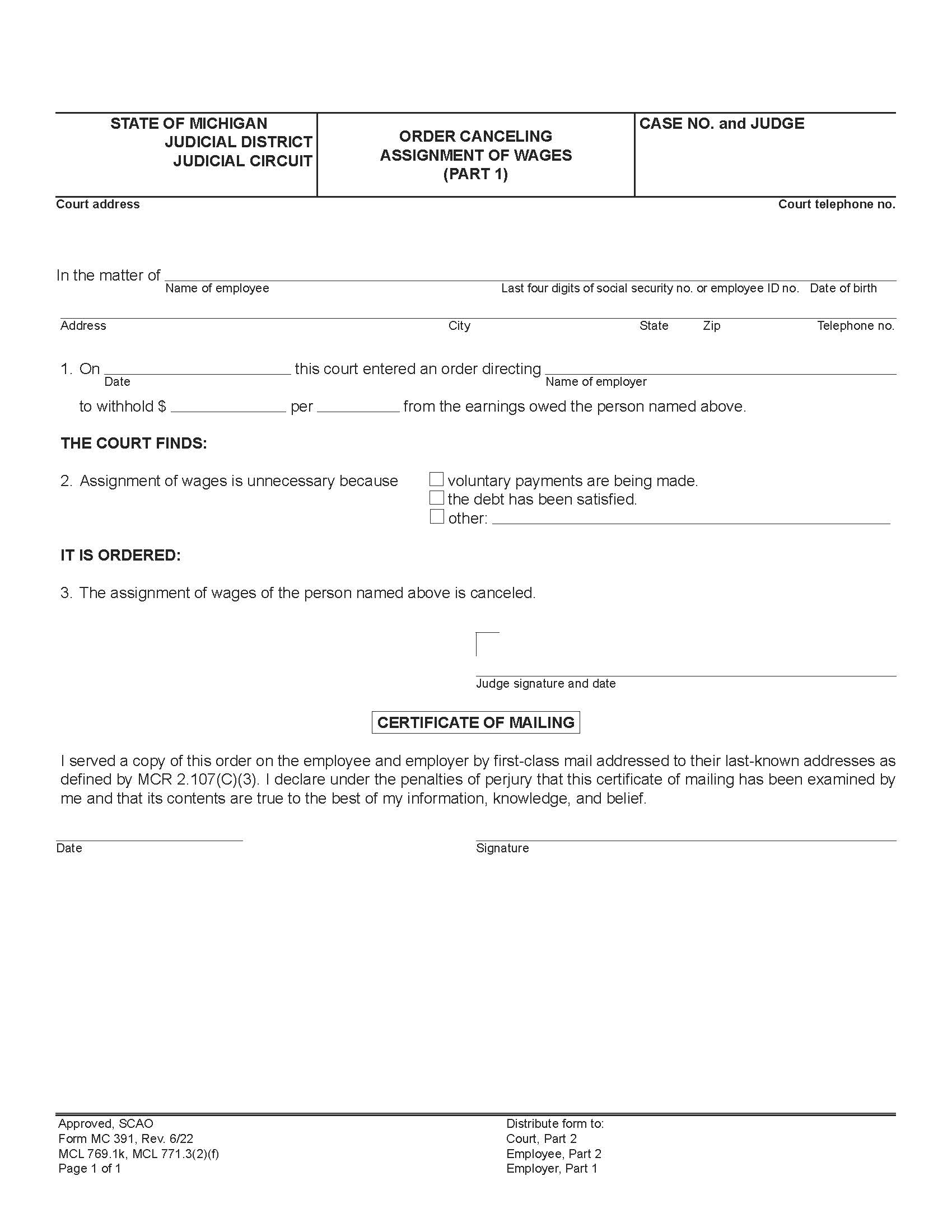 Order Canceling Assignment Of Wages {MC-391} | Pdf Fpdf Doc Docx | Michigan