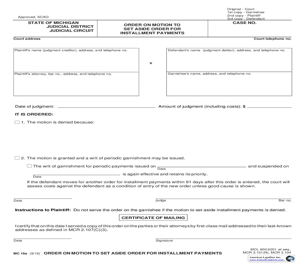Order On Motion To Set Aside Order For Installment Payments {MC 16a} | Pdf Fpdf Doc Docx | Michigan