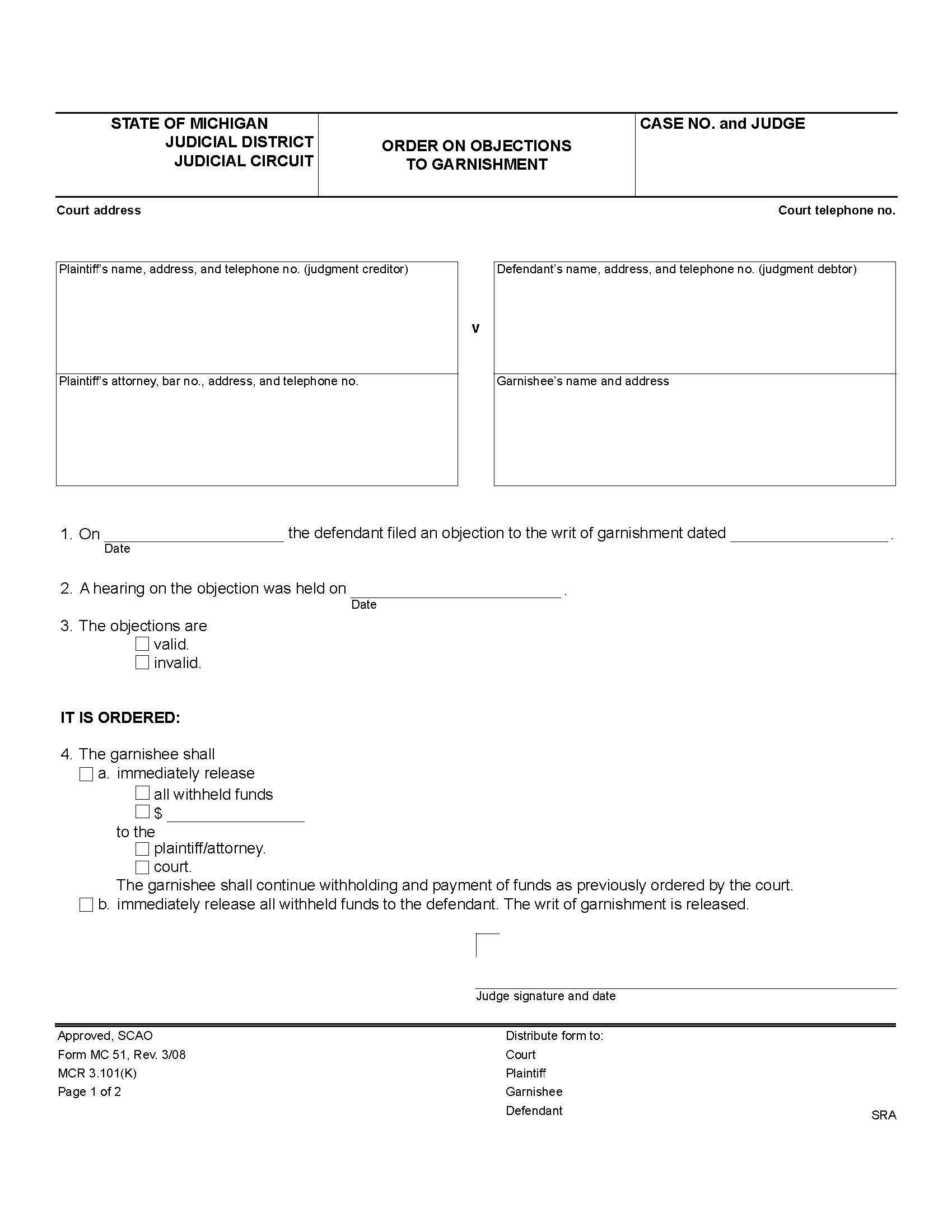 Order On Objections To Garnishment {MC 51} | Pdf Fpdf Doc Docx | Michigan