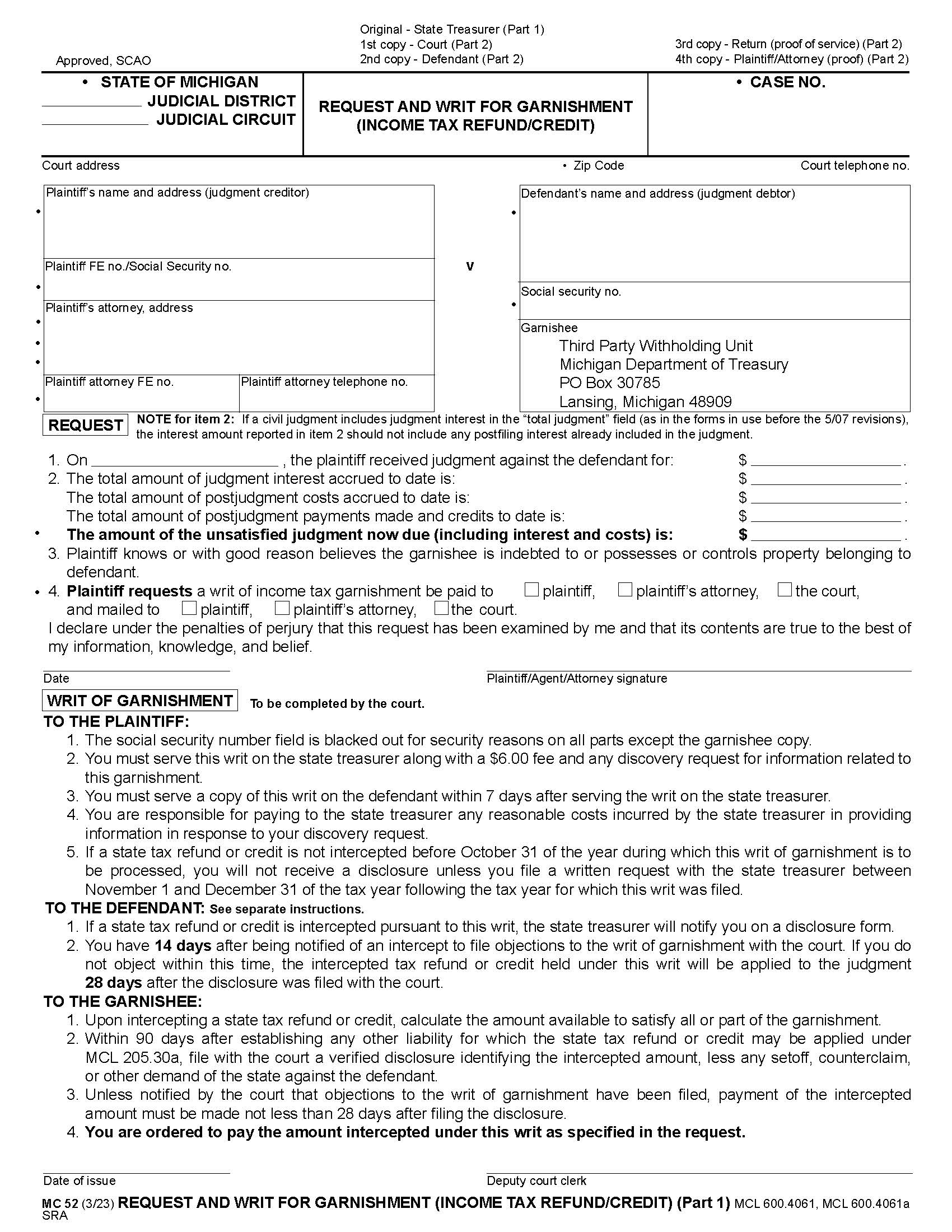 Request And Writ For Garnishment (Income Tax Refund Or Credit) {MC 52} | Pdf Fpdf Docx | Michigan