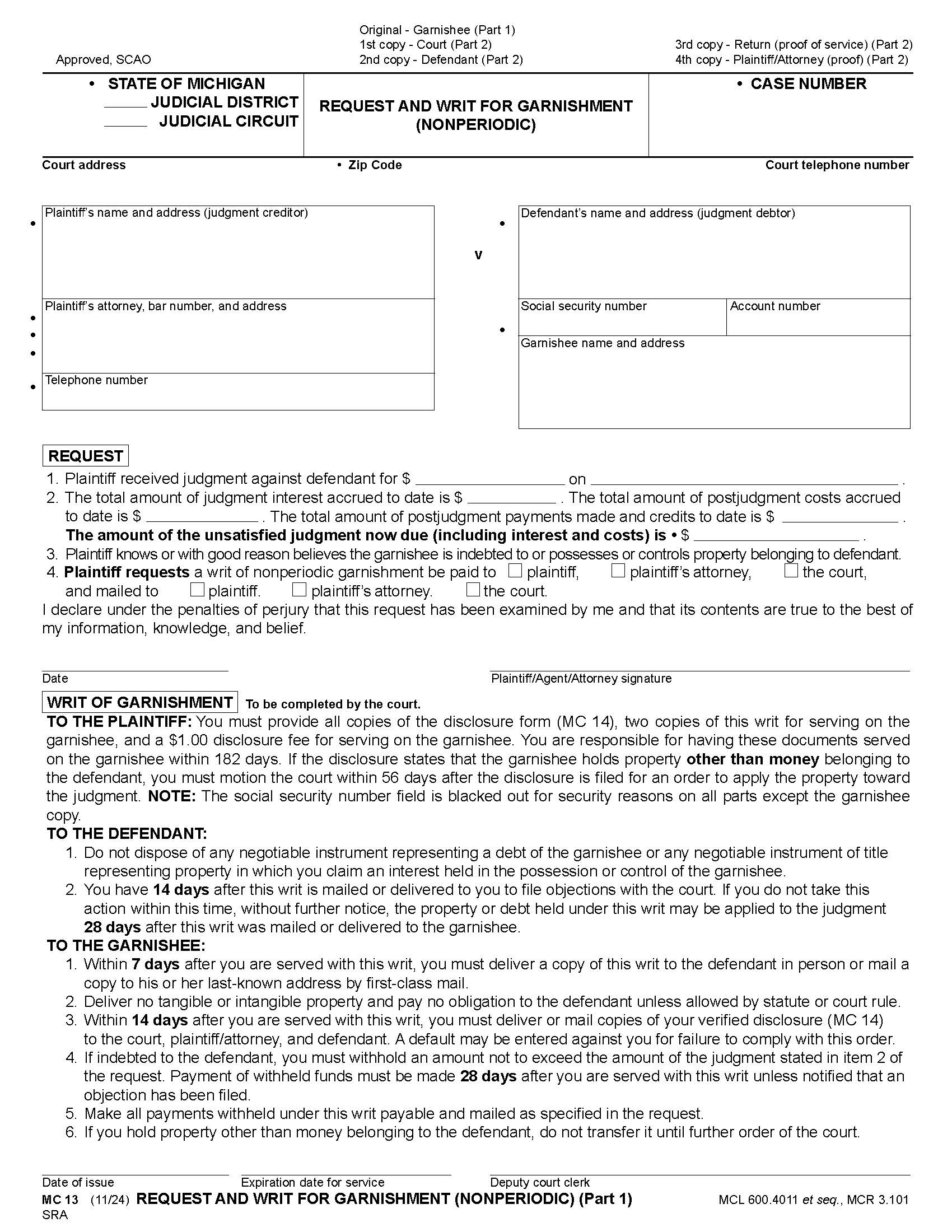 Request And Writ For Garnishment (Non Periodic) {MC 13} | Pdf Fpdf Docx | Michigan