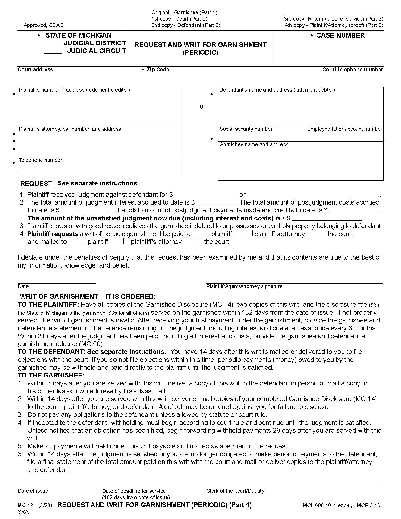 Request And Writ For Garnishment (Periodic) {MC 12} | Pdf Fpdf Docx | Michigan