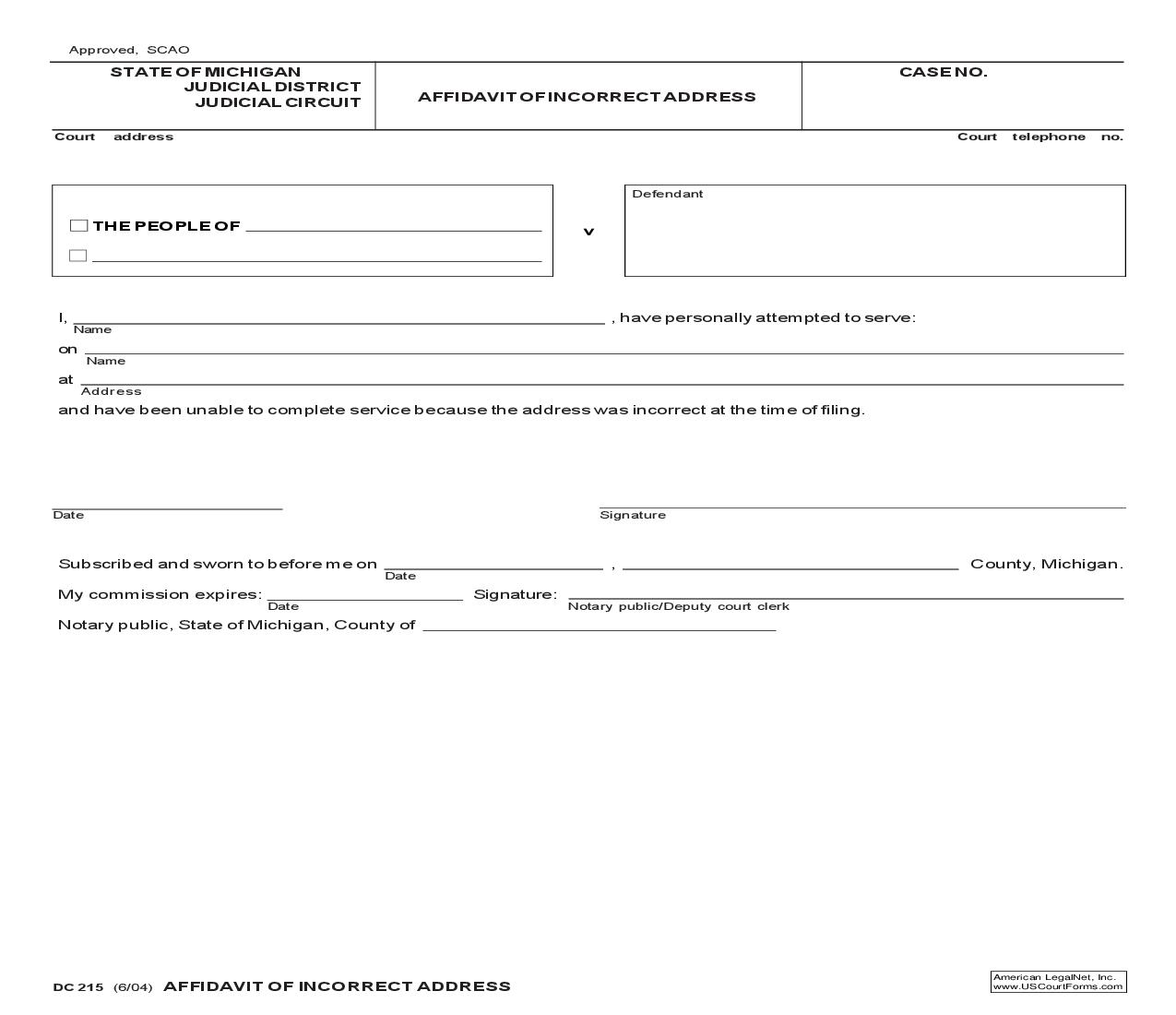 Affidavit Of Incorrect Address {DC 215} | Pdf Fpdf Doc Docx | Michigan