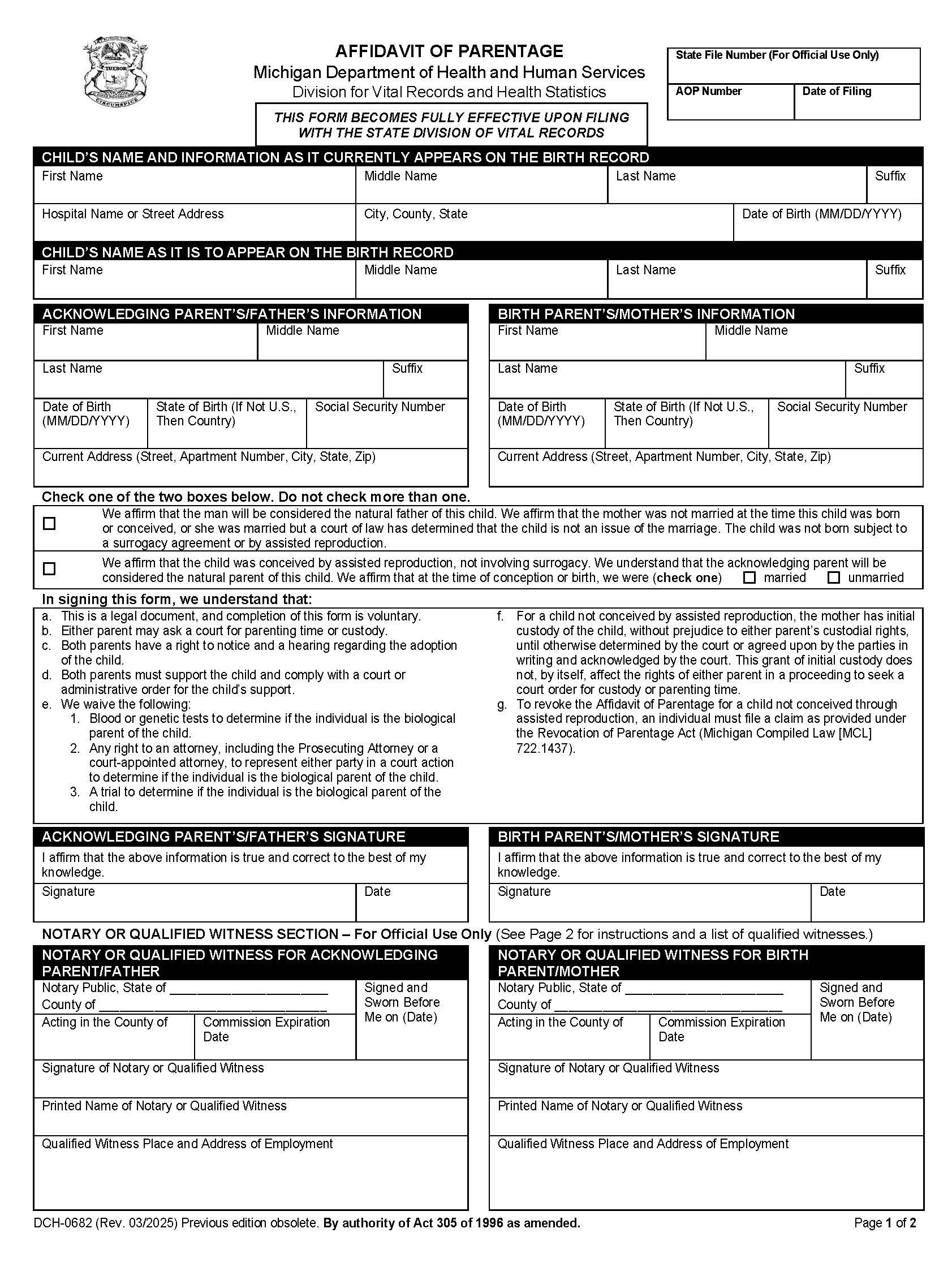 Affidavit Of Parentage {DCH-0682} | Pdf Fpdf Doc Docx | Michigan