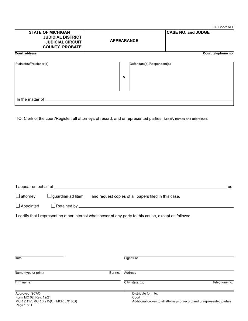 Appearance {MC 02} | Pdf Fpdf Doc Docx | Michigan