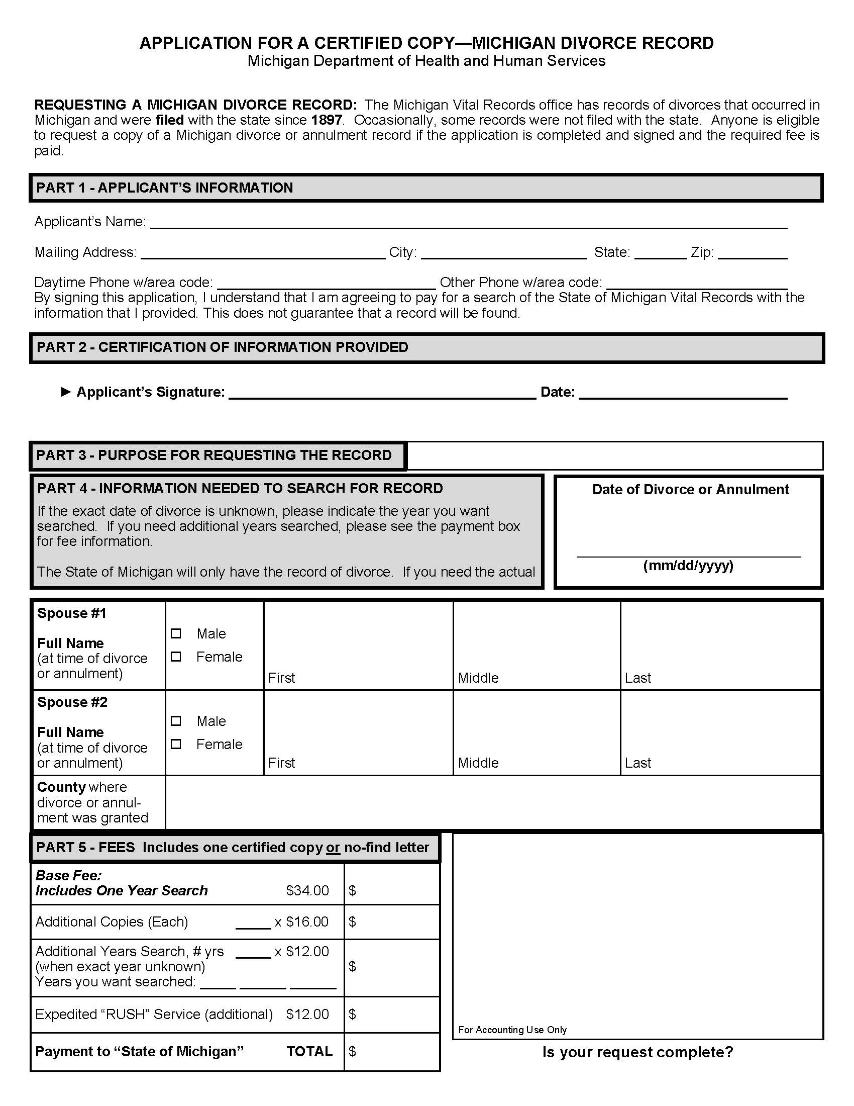 Application For A Certified Copy Divorce Record | Pdf Fpdf Docx | Michigan