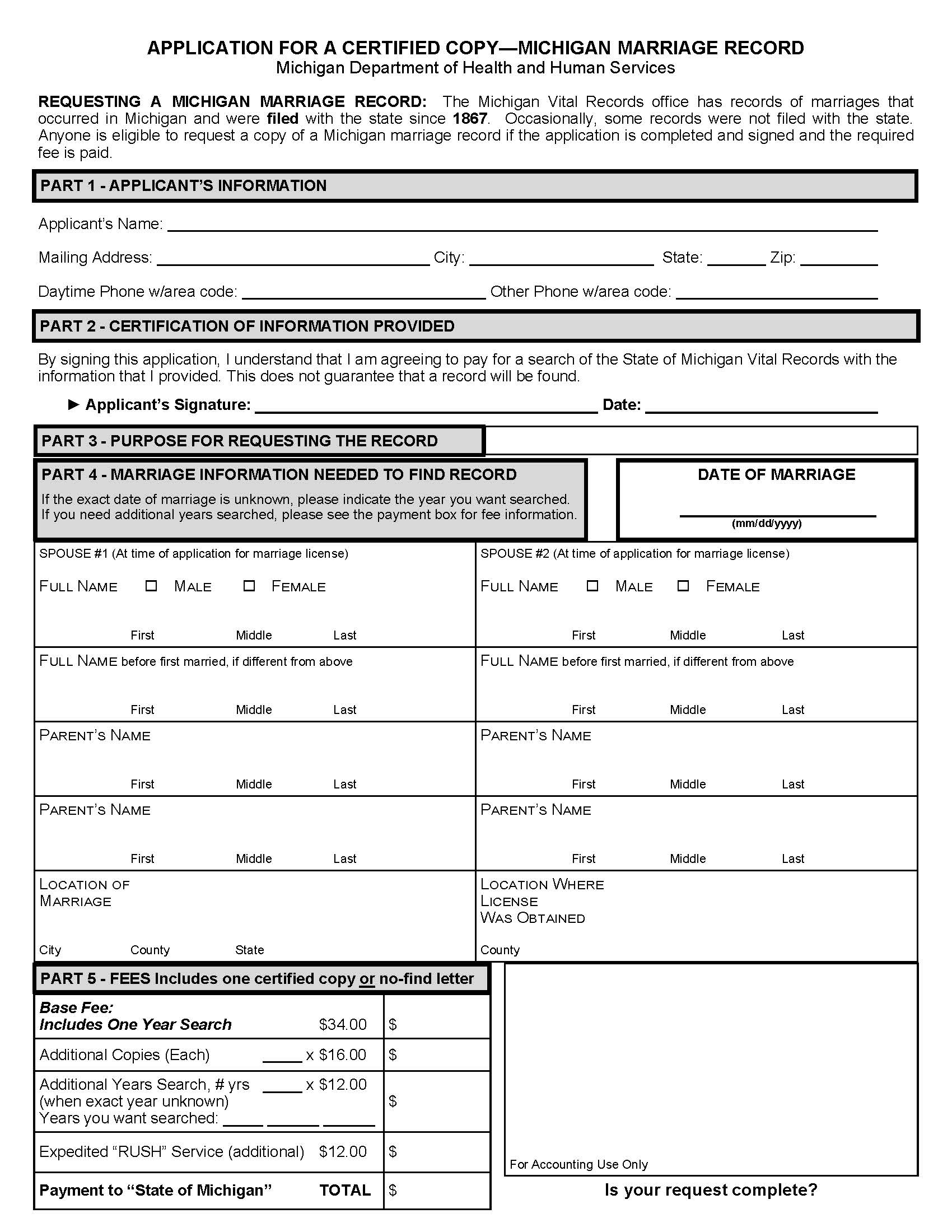 Application For A Certified Copy Marriage Record | Pdf Fpdf Docx | Michigan