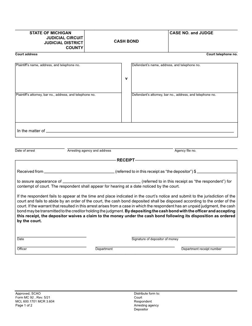 Cash Bond {MC 92} | Pdf Fpdf Doc Docx | Michigan