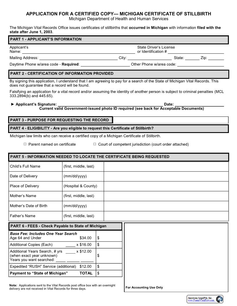 Certificate Of Stillbirth {DCH-0569-SB} | Pdf Fpdf Docx | Michigan