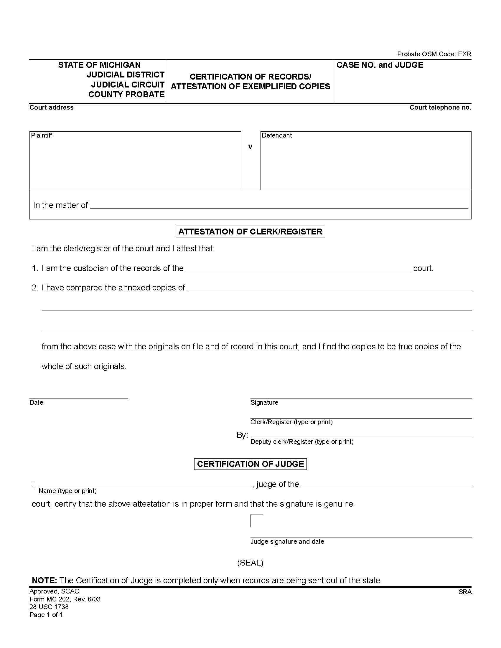 Certification Of Records Or Attestation Of Exemplified Copies {MC 202} | Pdf Fpdf Doc Docx | Michigan
