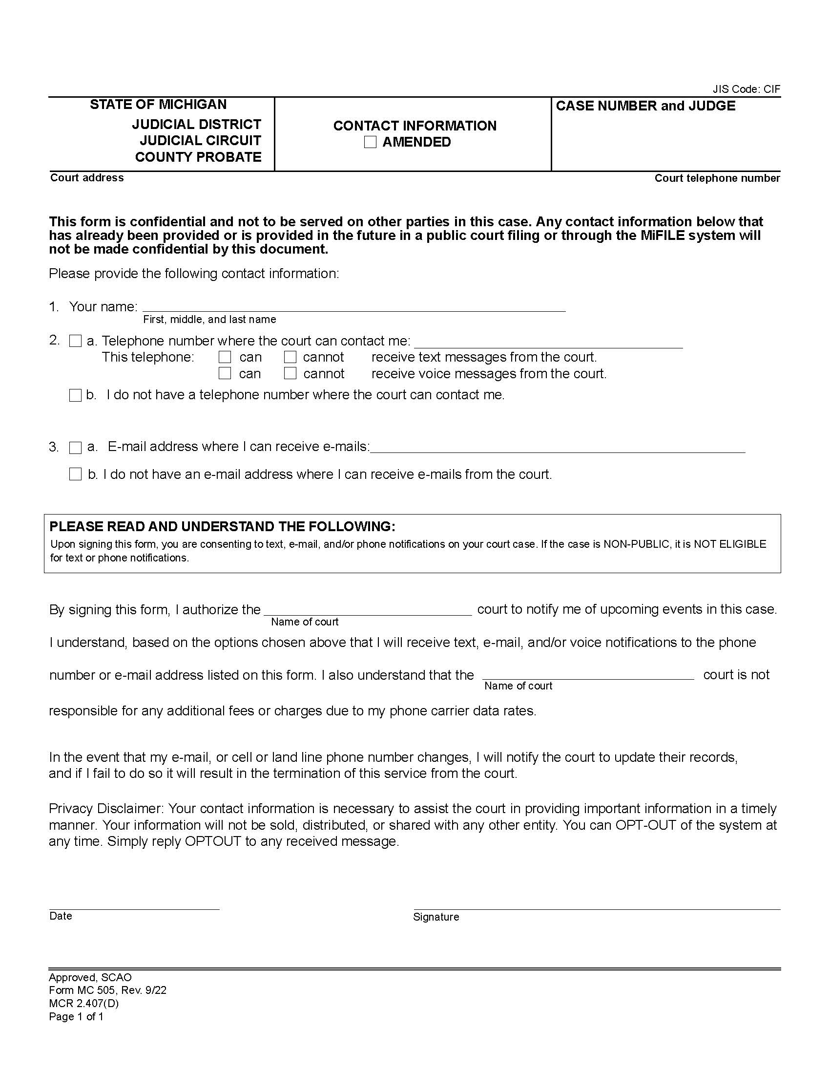 Contact Information {MC 505} | Pdf Fpdf Docx | Michigan