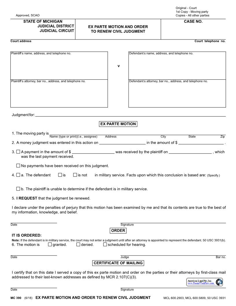 Ex Parte Motion And Order To Renew Civil Judgment {MC 390} | Pdf Fpdf Docx | Michigan