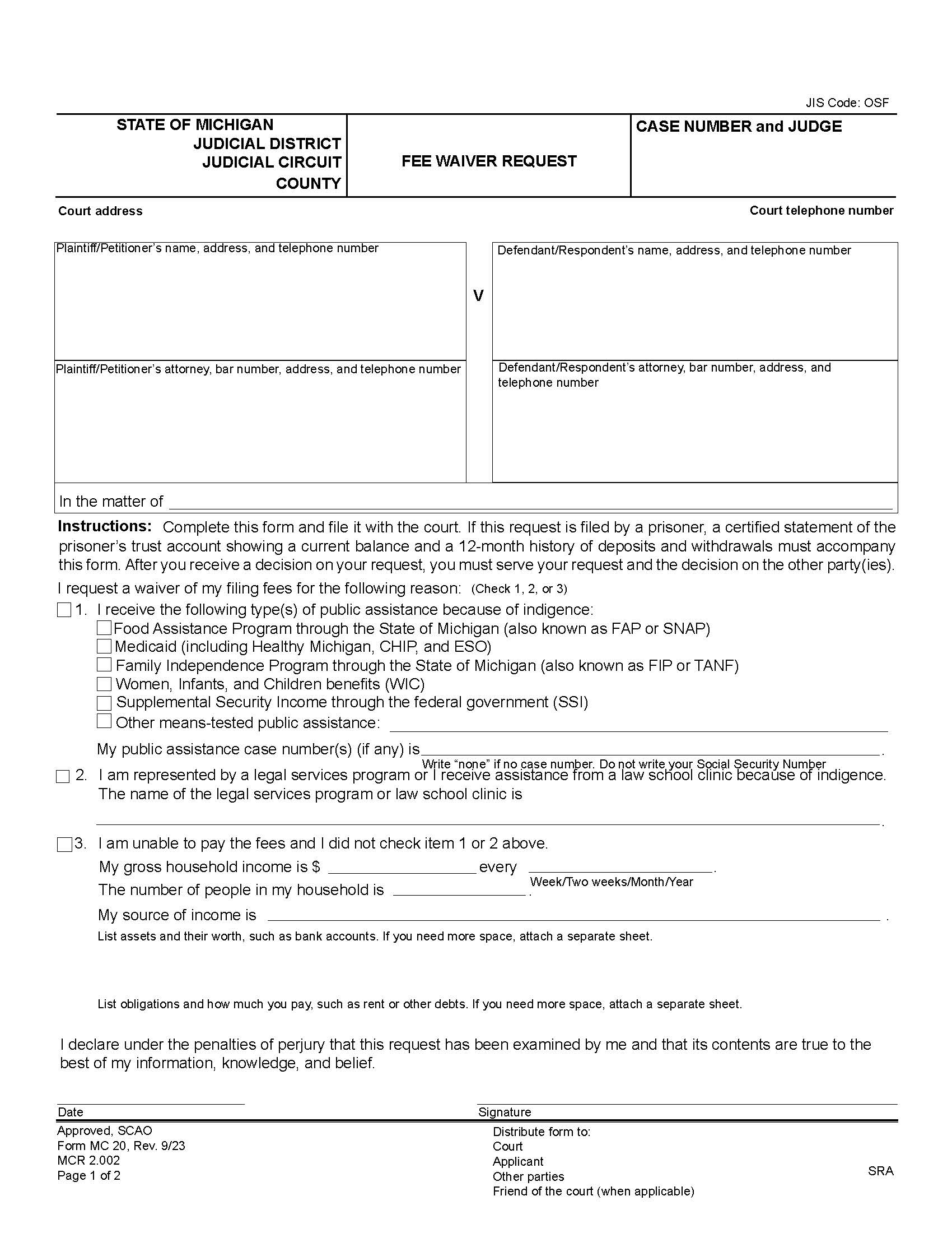 Fee Waiver Request {MC 20} | Pdf Fpdf Docx | Michigan