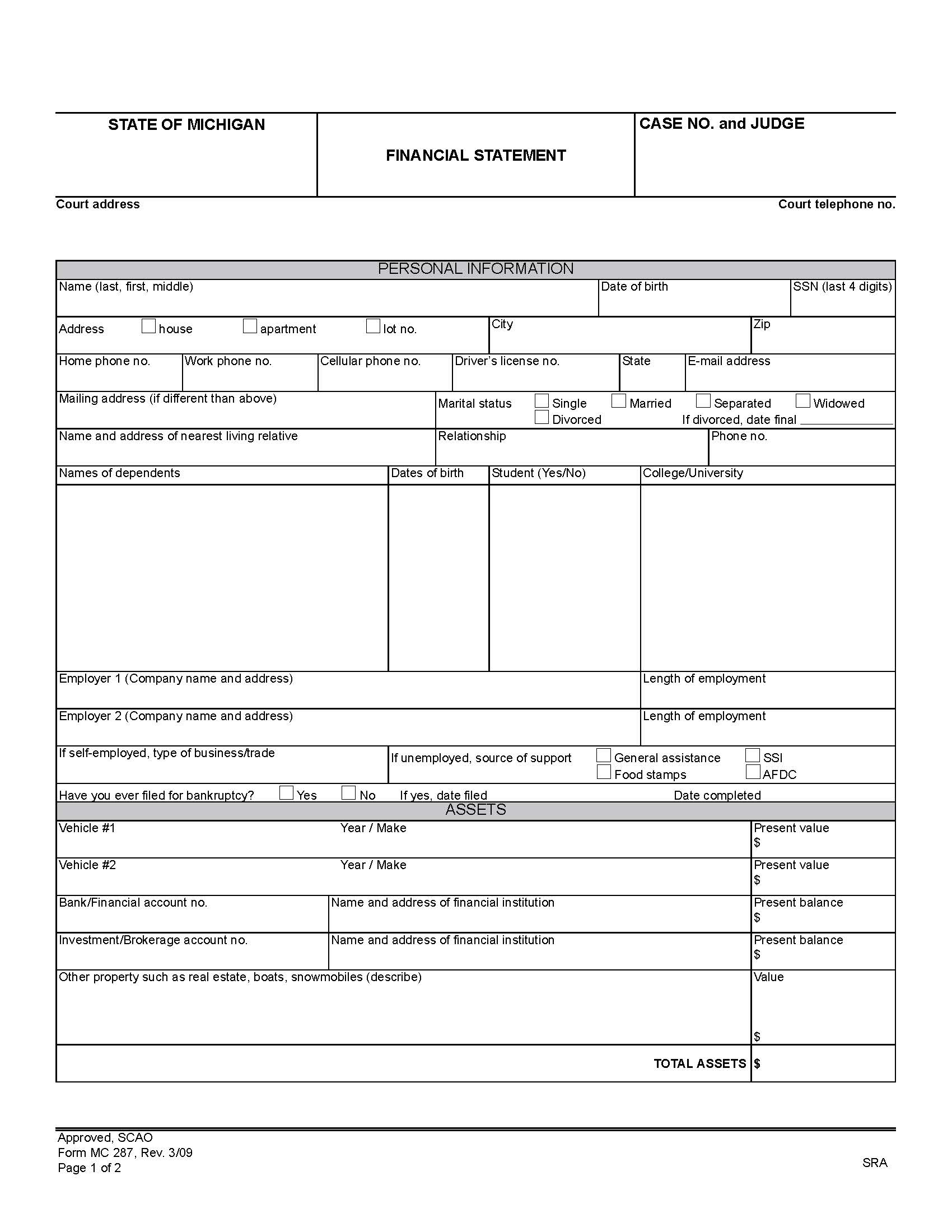 Financial Statement {MC 287} | Pdf Fpdf Doc Docx | Michigan