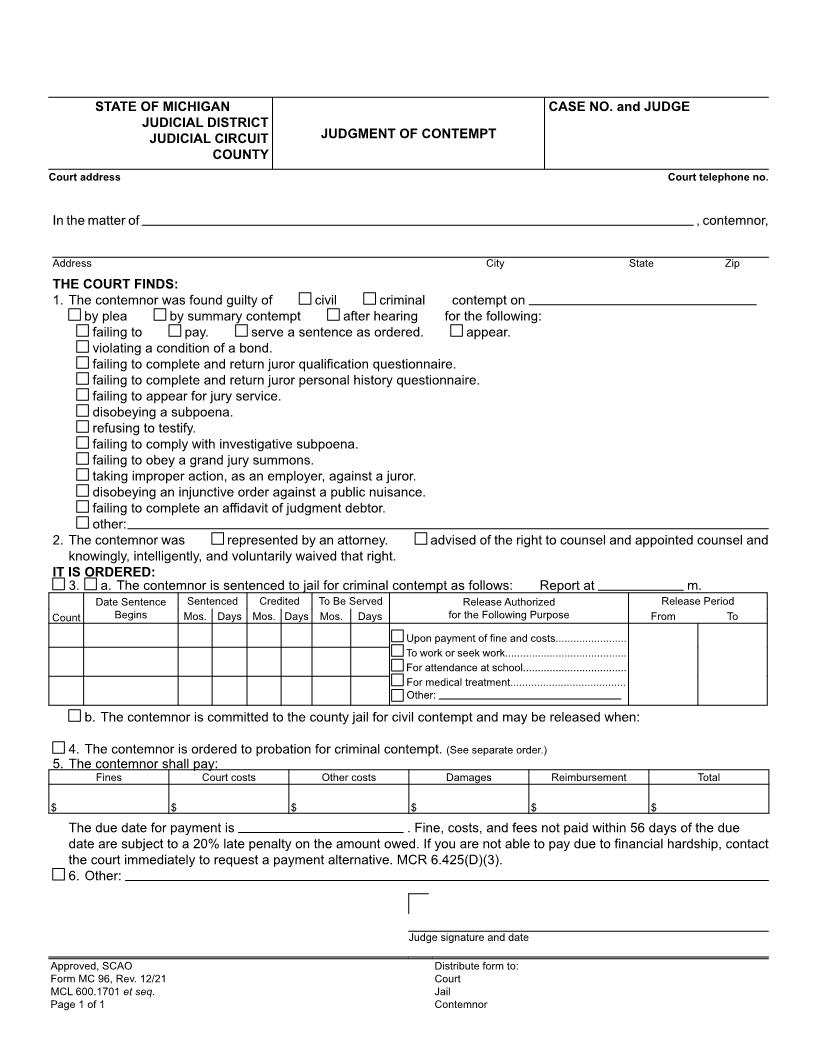 Judgment Of Contempt {MC 96} | Pdf Fpdf Docx | Michigan