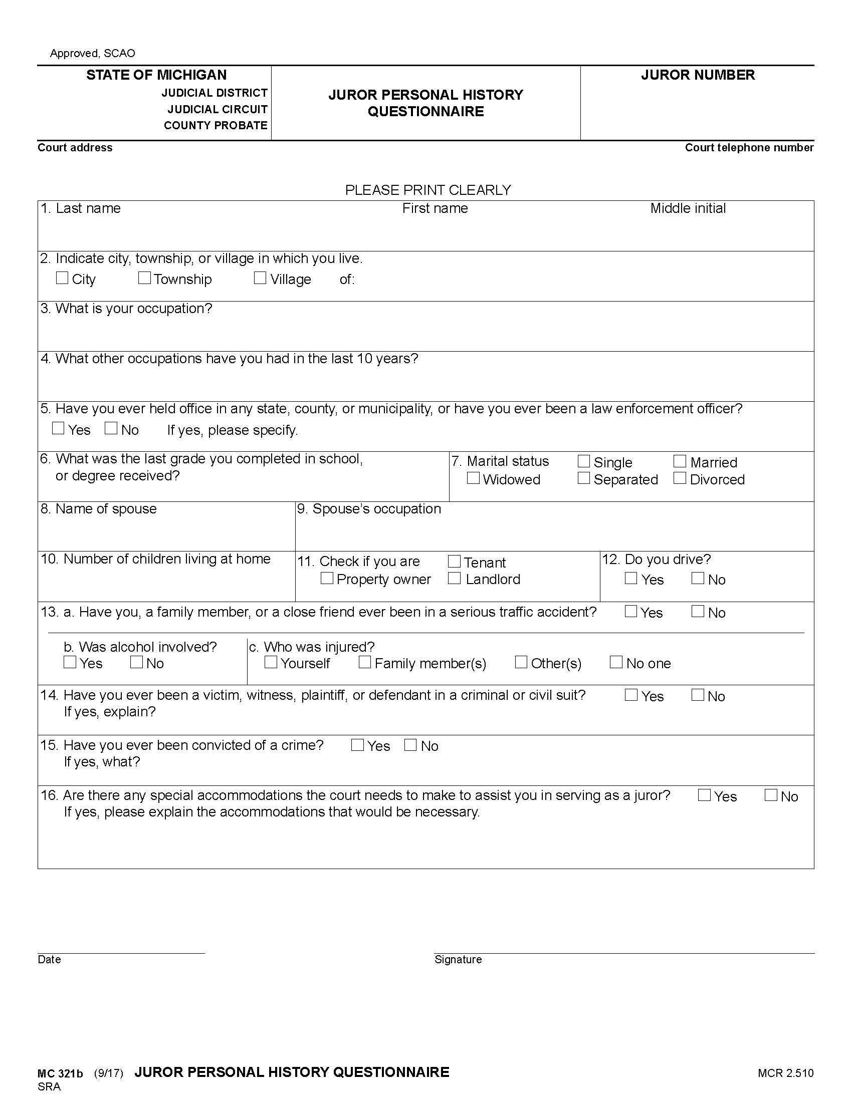 Juror Personal History Questionnaire {MC 321b} | Pdf Fpdf Docx | Michigan