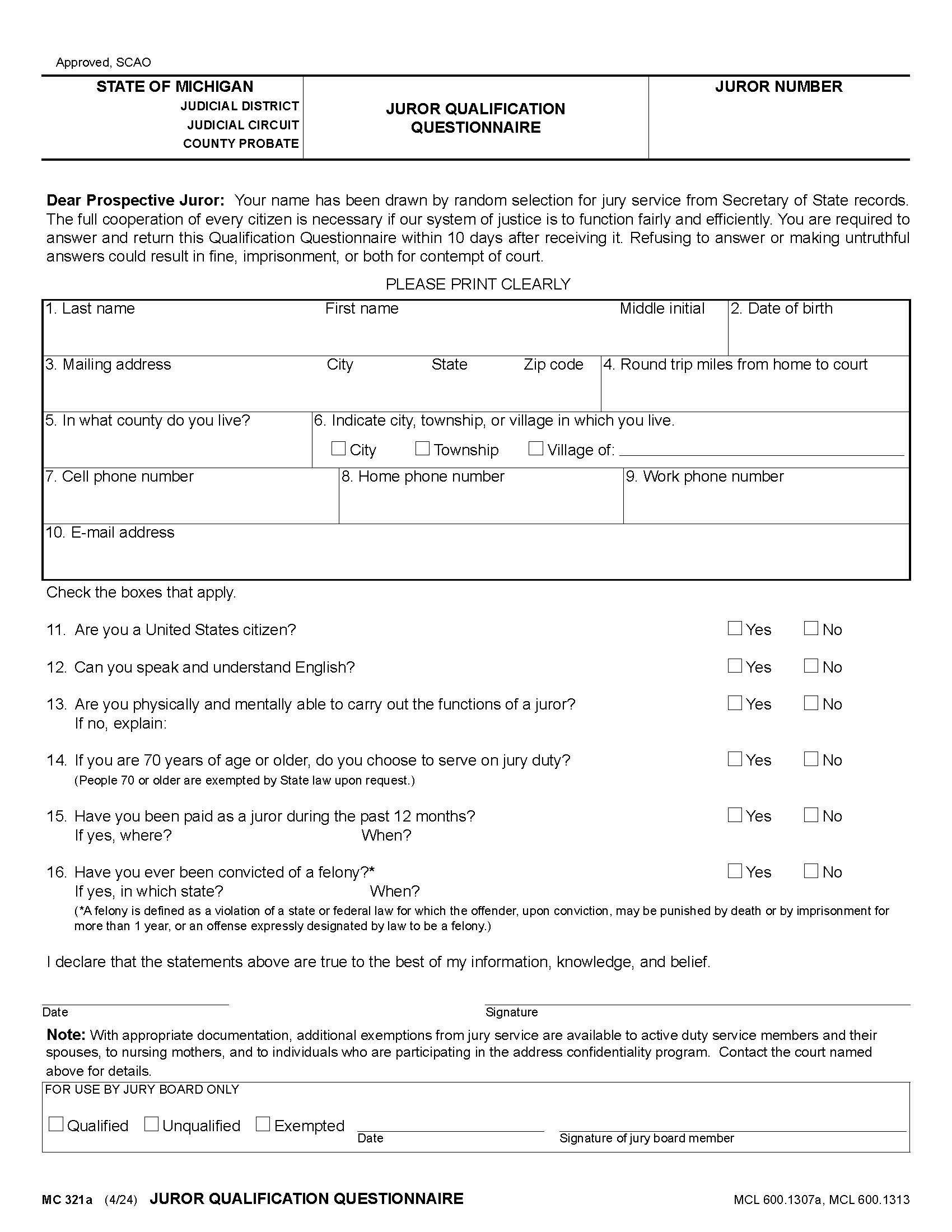 Juror Qualification Questionnaire {MC 321a} | Pdf Fpdf Doc Docx | Michigan