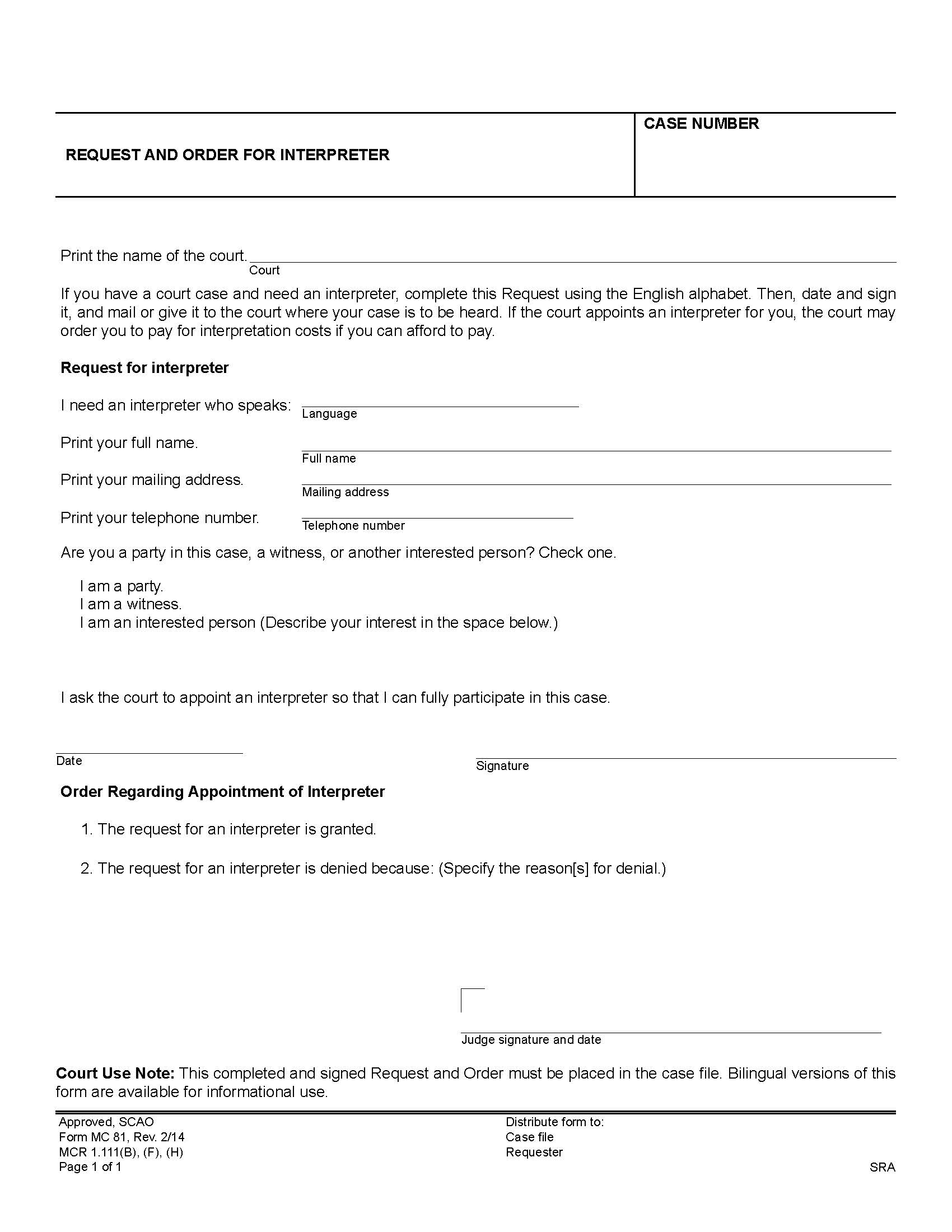 Motion And Order For Appointment Of Foreign Language Interpreter {MC 81} | Pdf Fpdf Doc Docx | Michigan