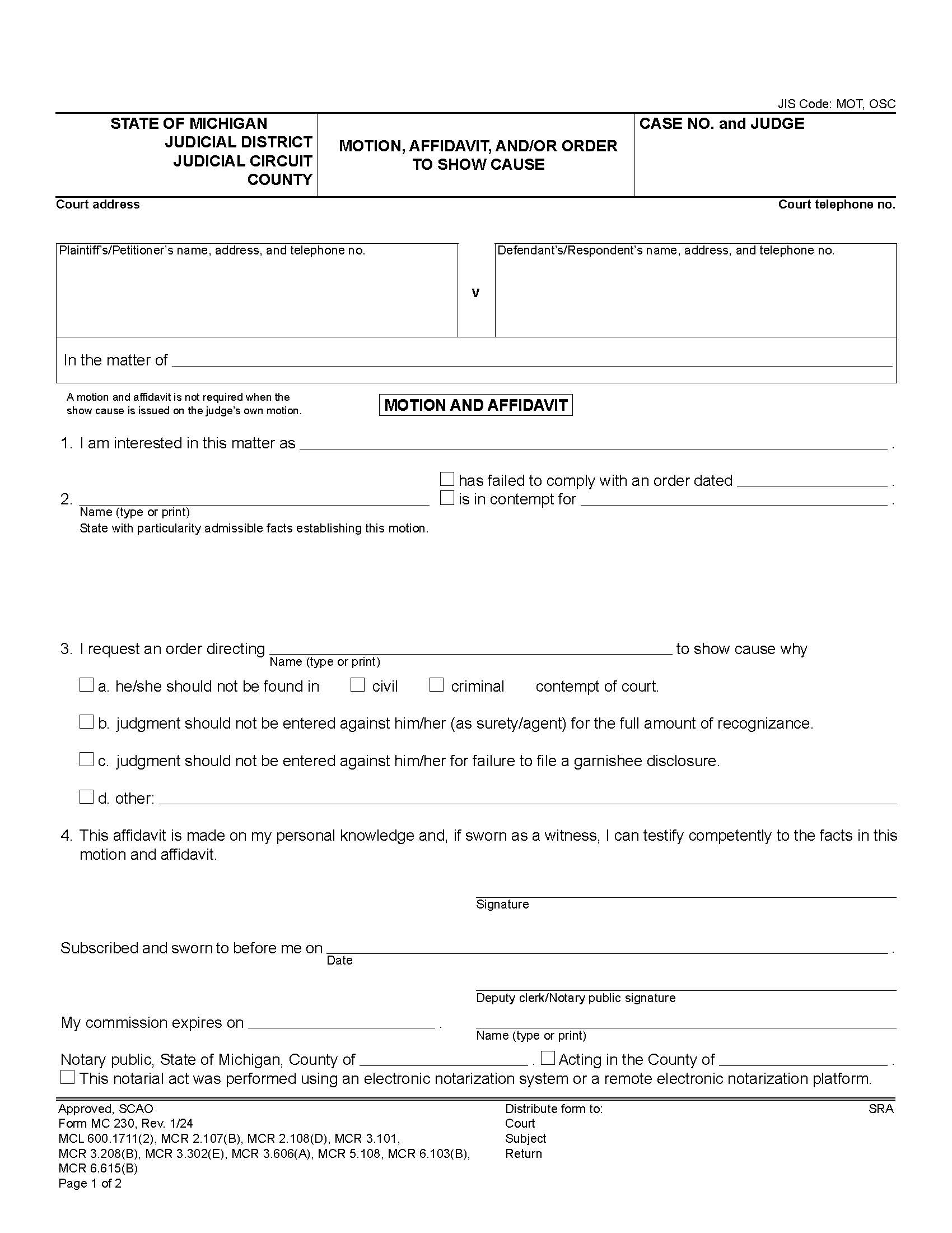 Motion And Order To Show Cause {MC 230} | Pdf Fpdf Doc Docx | Michigan