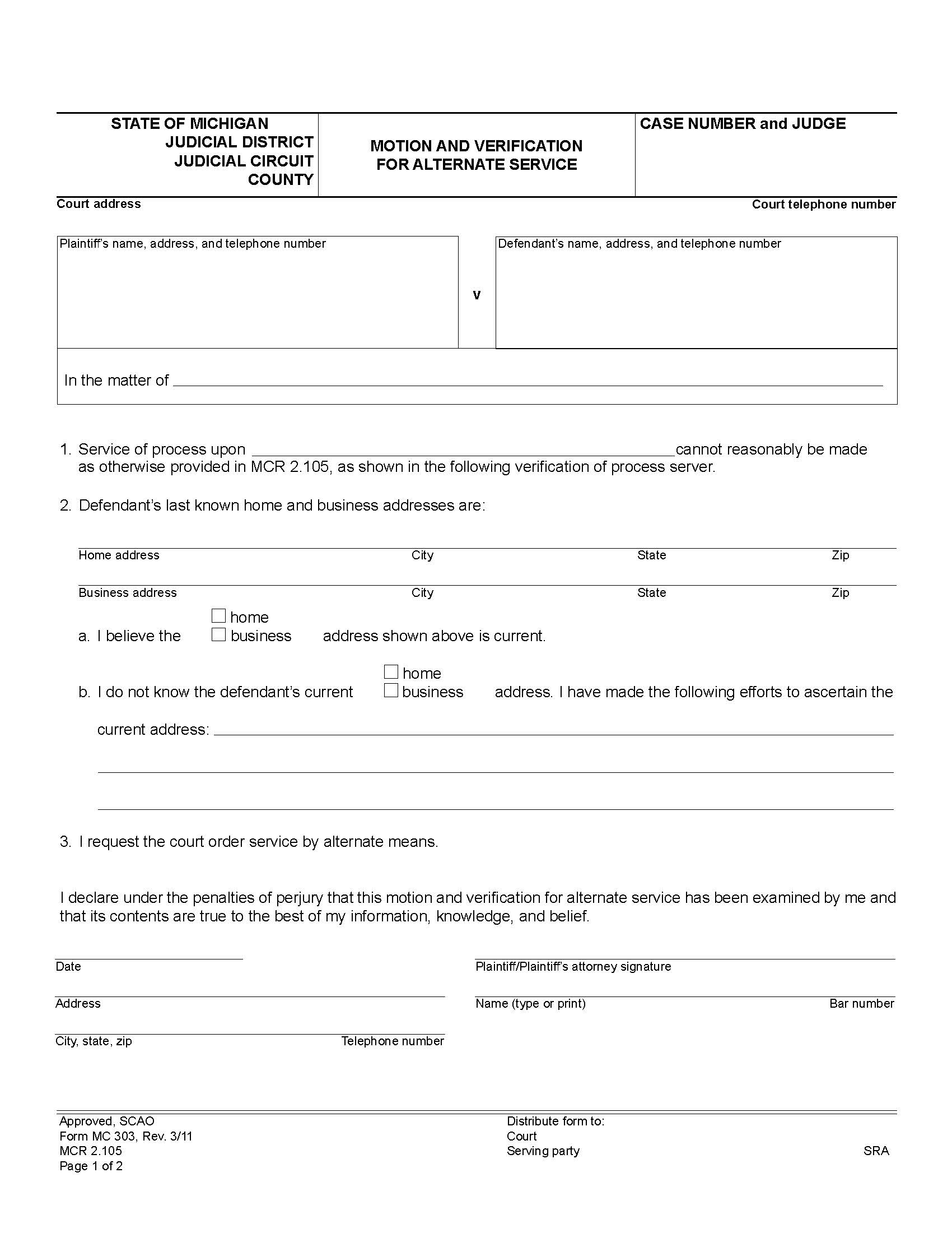 Motion And Verification Of Alternate Service {MC 303} | Pdf Fpdf Doc Docx | Michigan