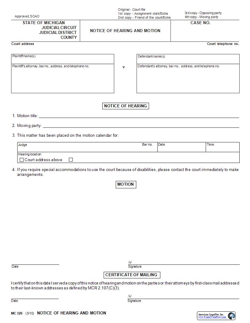 Notice Of Hearing And Motion {MC 326} | Pdf Fpdf Docx | Michigan