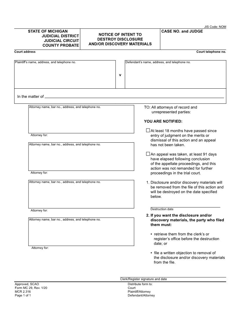 Notice Of Intent To Destroy Discovery Materials {MC 29} | Pdf Fpdf Doc Docx | Michigan