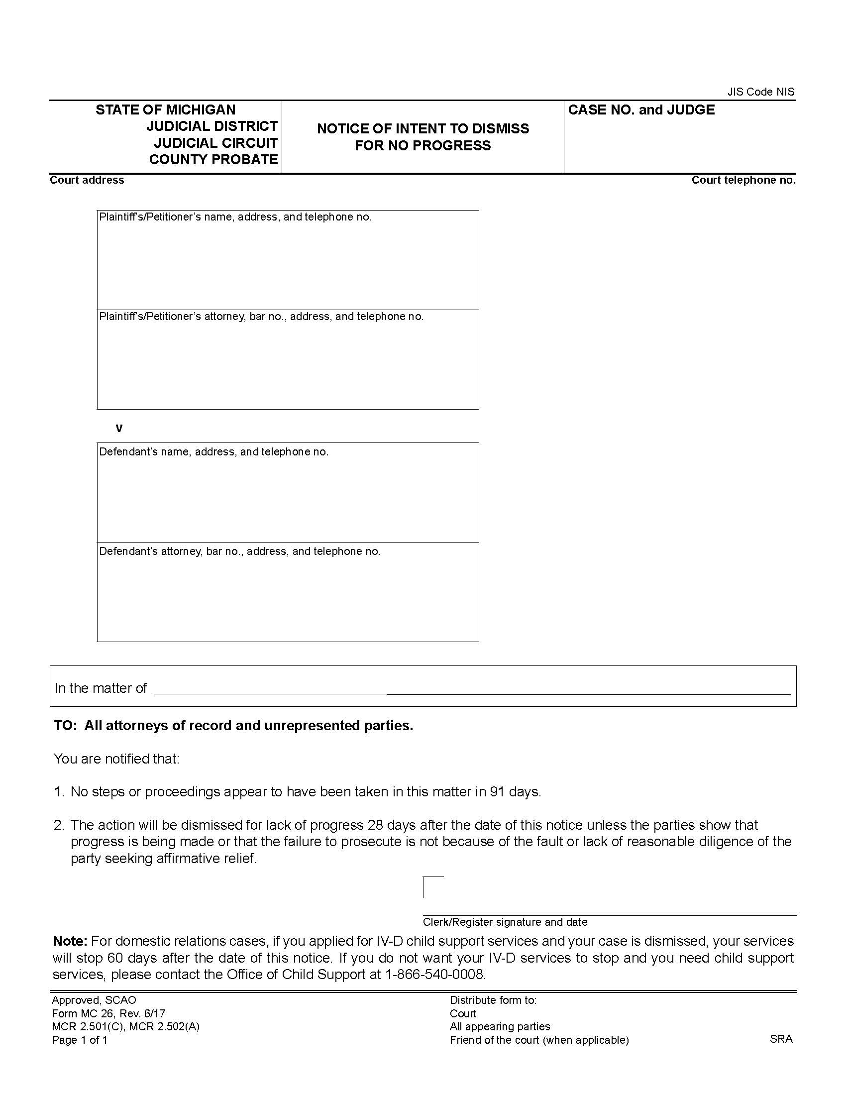 Notice Of Intent To Dismiss For No Progress {MC 26} | Pdf Fpdf Doc Docx | Michigan